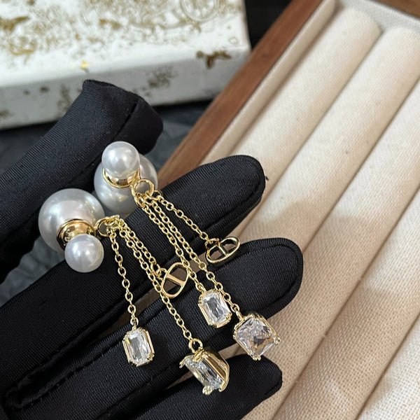 Dior Crystal Chain Pearl Earrings