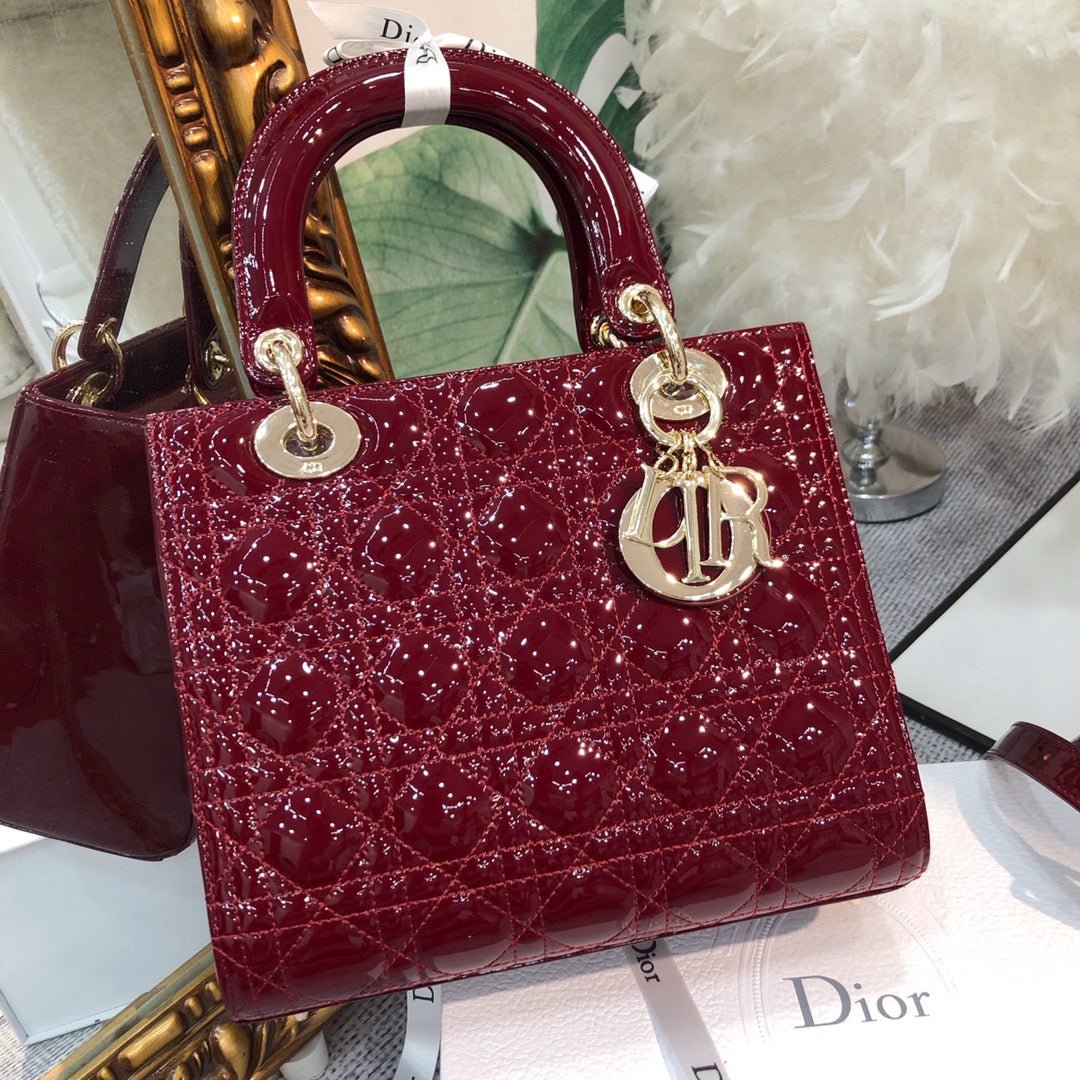 Dior Medium Lady Wine Patent Calfskin Quilted Bag