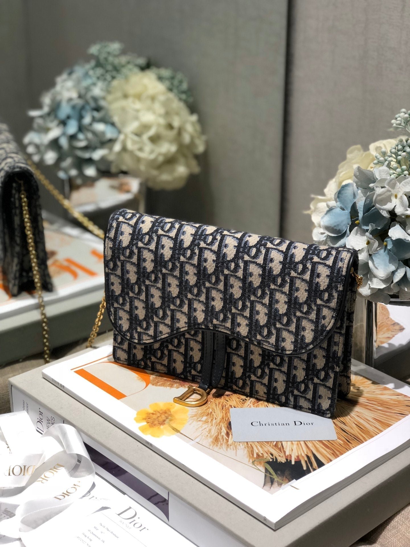 Dior Saddle Blue Classic Oblique Embroidery Pouch - Image 7