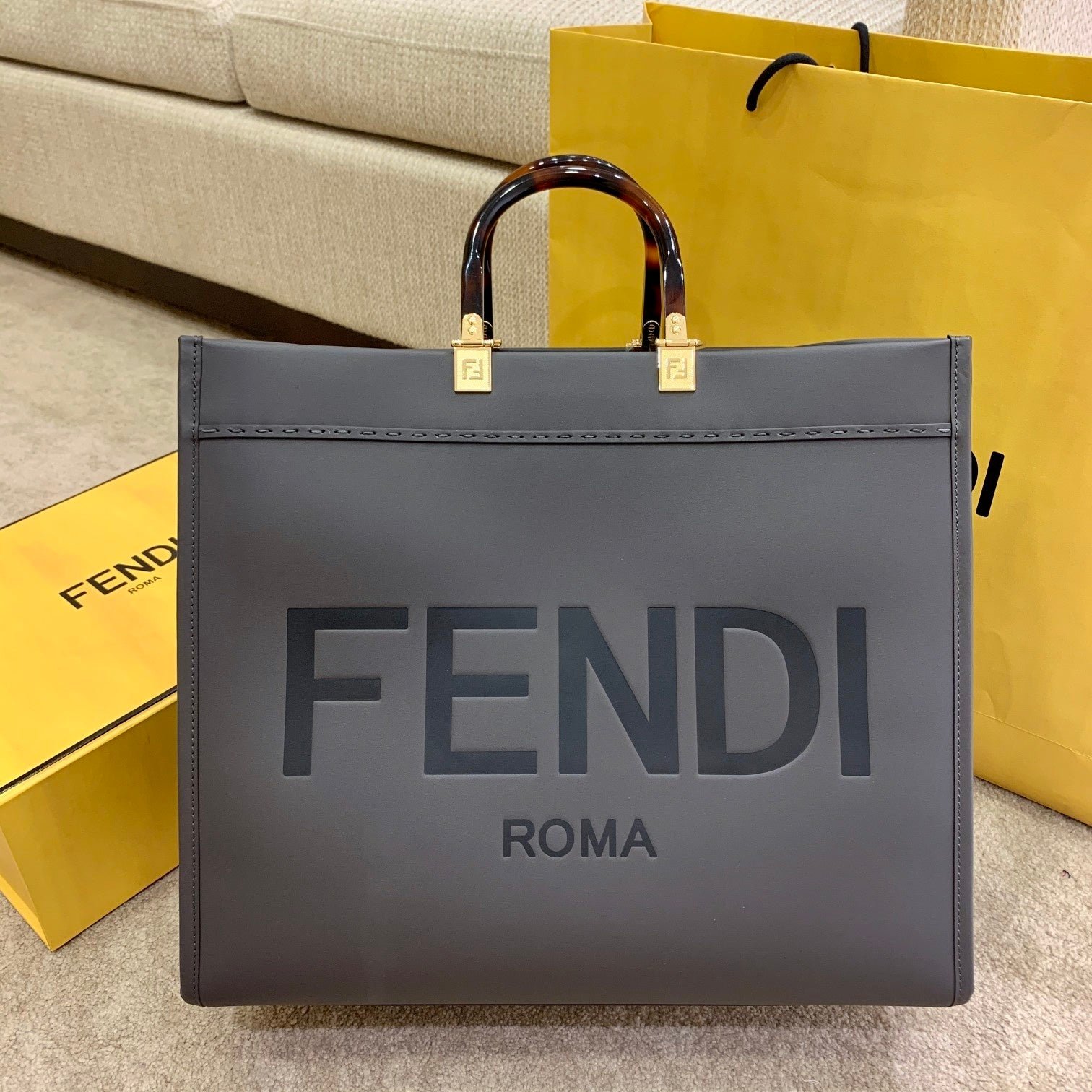 Fendi Shine 40 Stone Grey Embossed Calfskin Tote