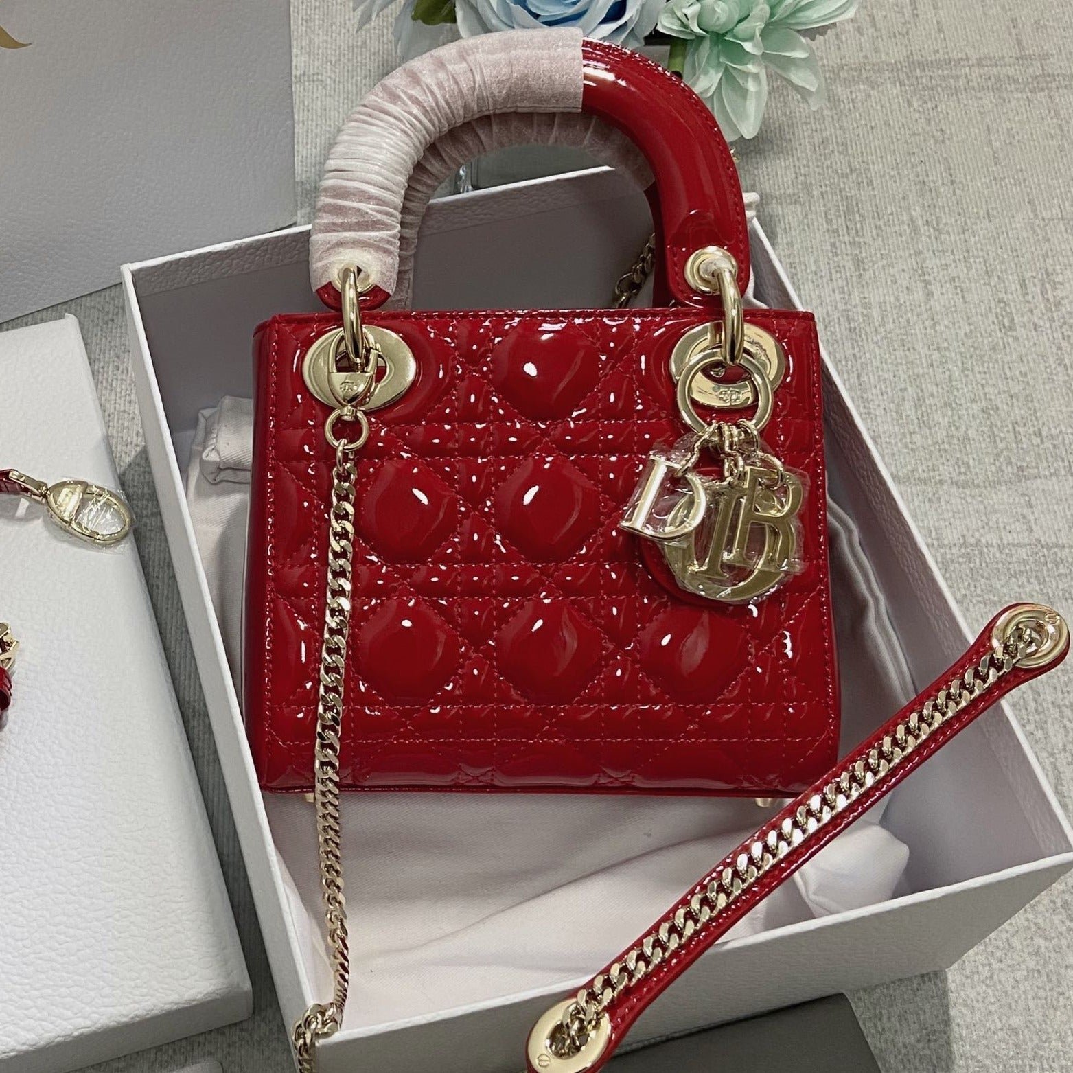 Dior Mini Lady Red Patent Calfskin Quilted Bag