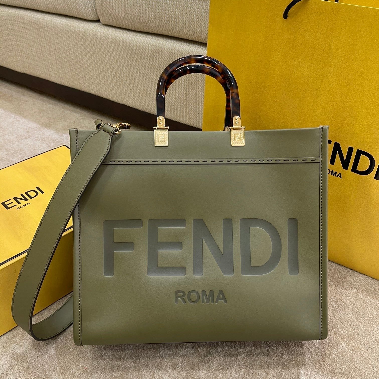 Fendi Shine Large 35 Olive Green Calfskin Tote