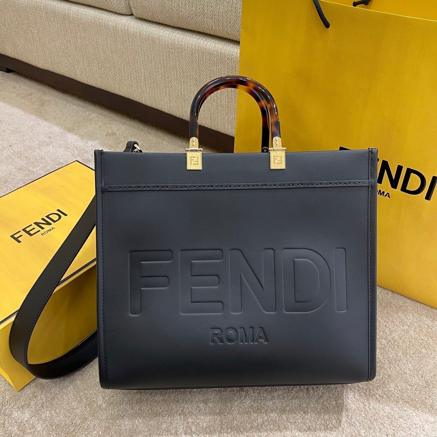 Fendi Shine Large 35 Black Calfskin Tote Bag