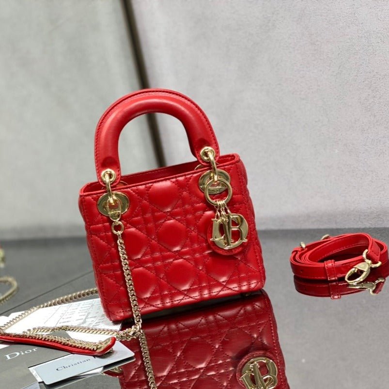 Dior Mini Lady Red Lambskin Quilted Handbag
