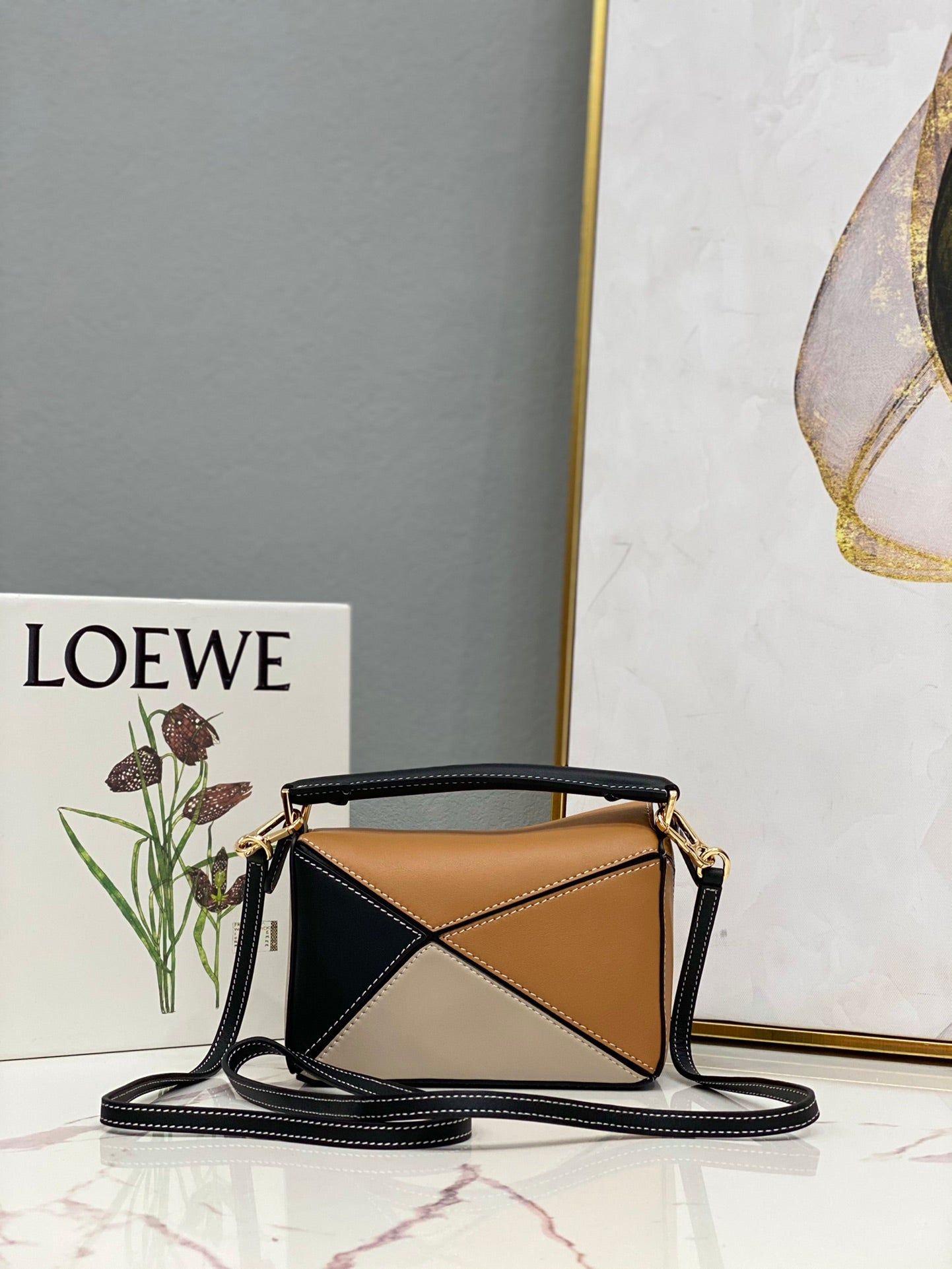 Alternative view of LOE MINI 18 PUZZLE BAG IN BROWN MIX BEIGE AND BLACK CALFSKIN