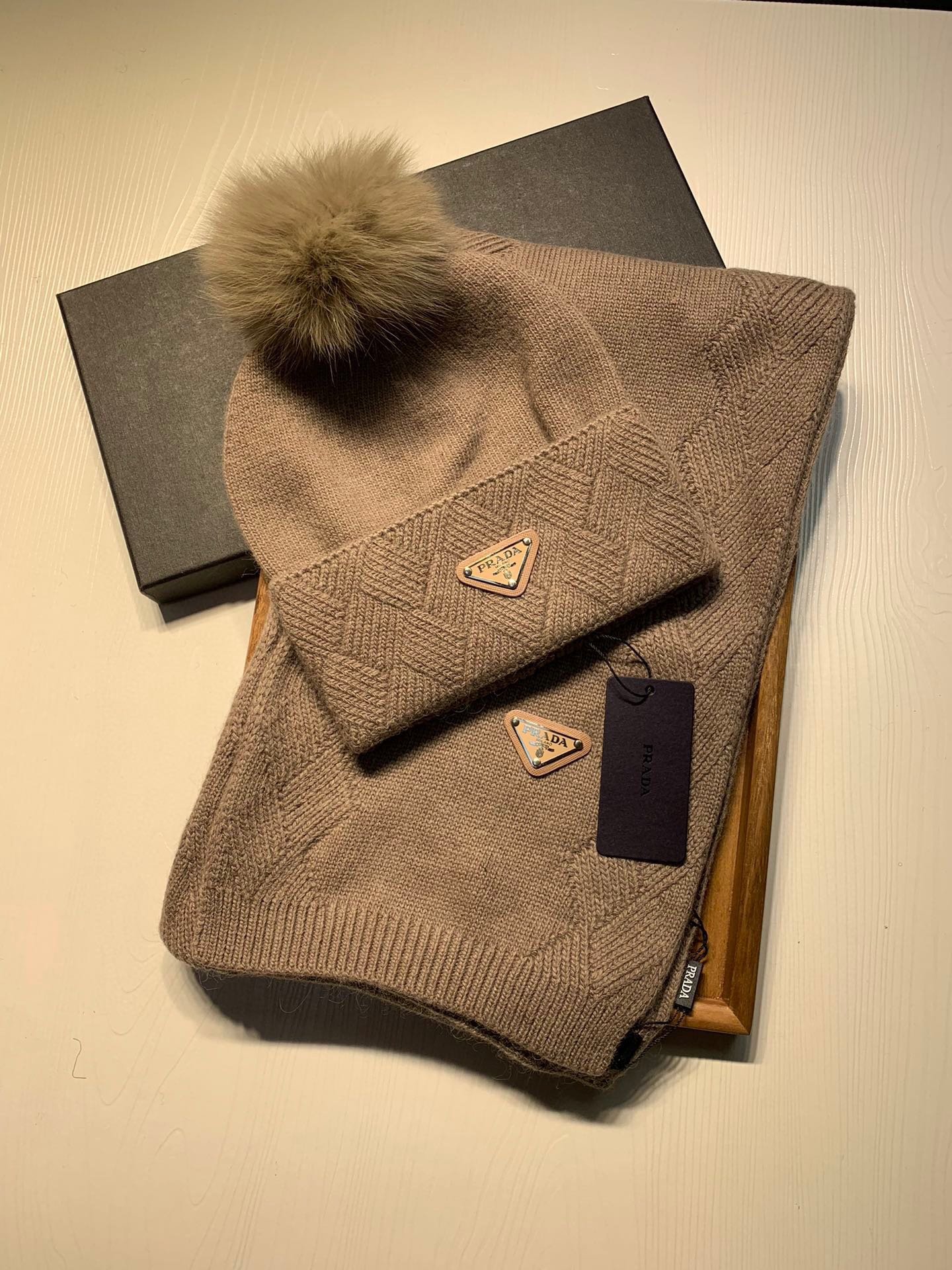 Alternative view of Prada Style Brown Jacquard Pom Pom Set
