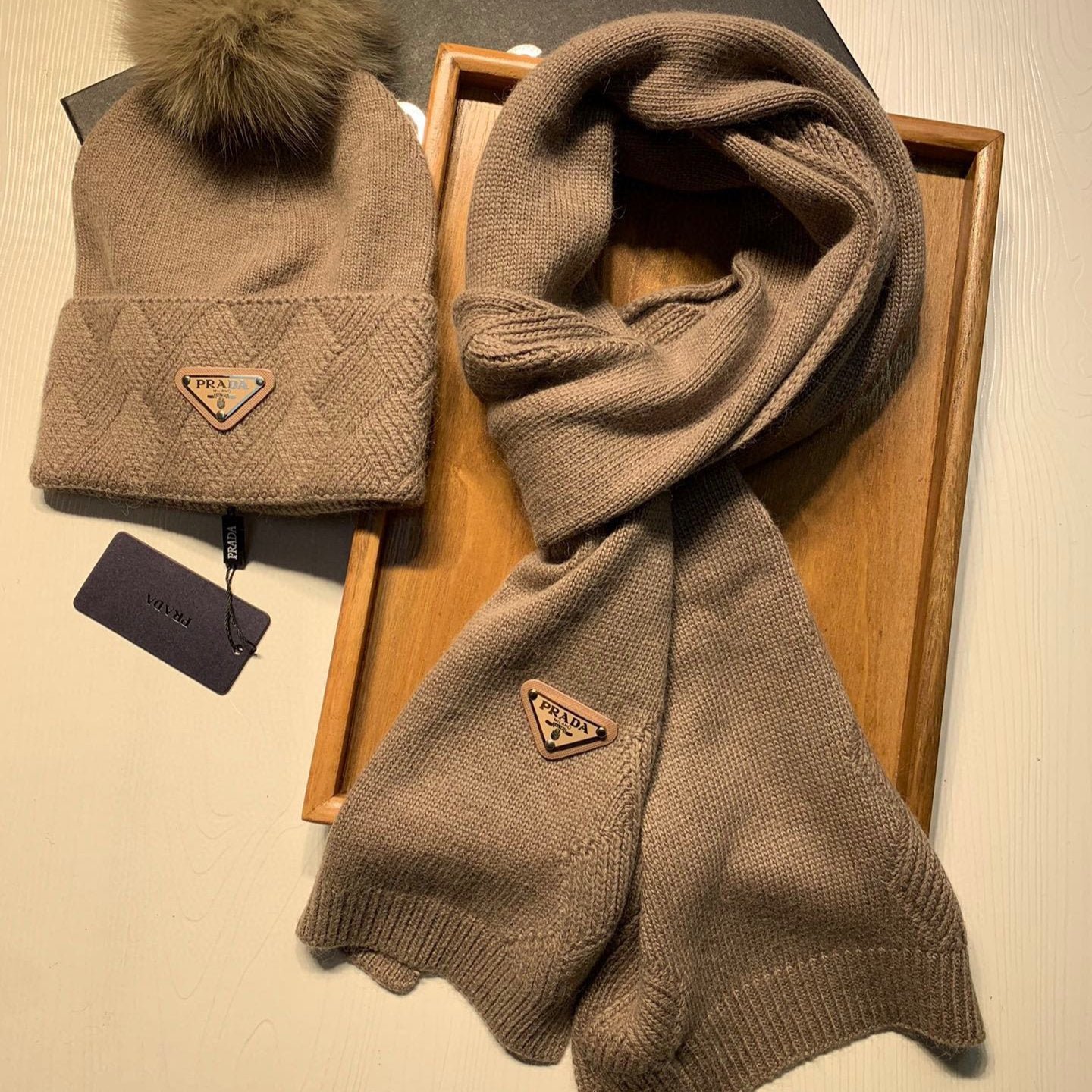 Prada Style Brown Jacquard Pom Pom Set