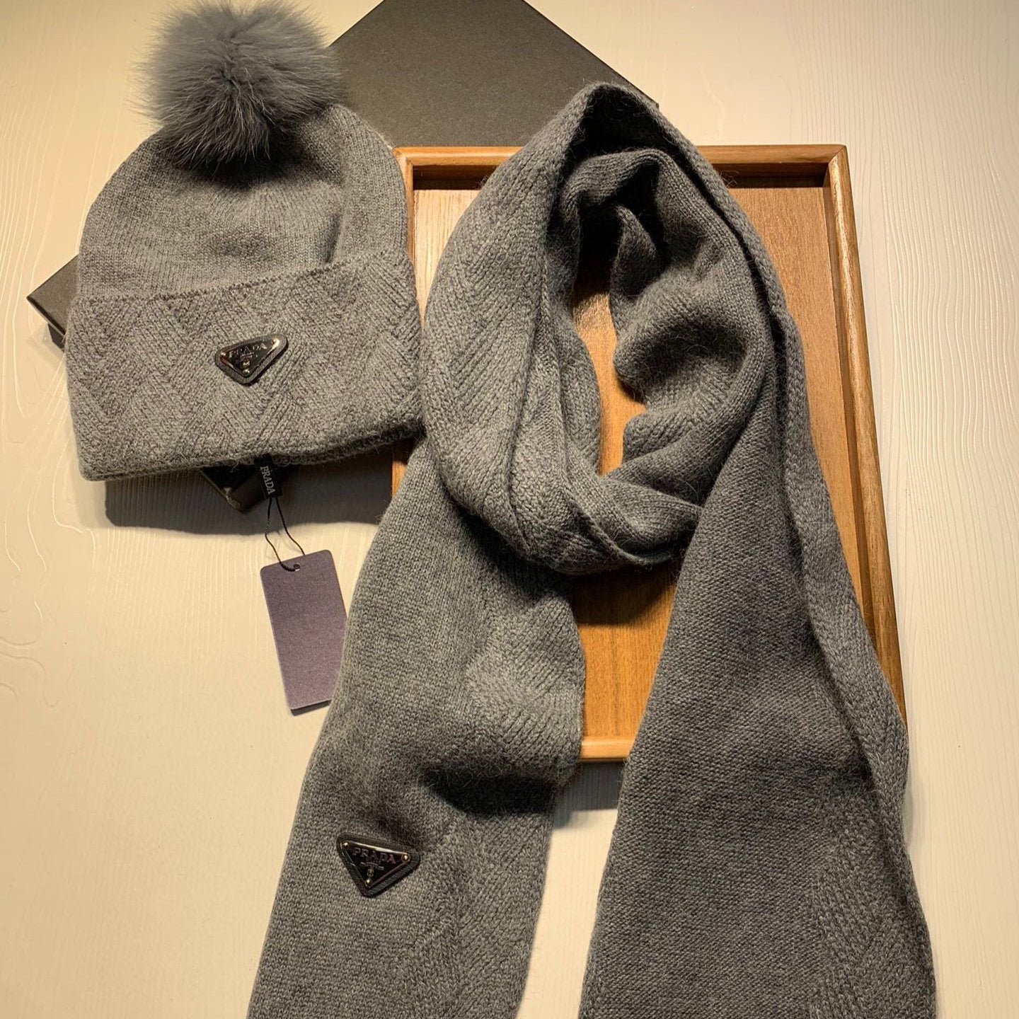 Prada Style Grey Pom Pom Knit Set