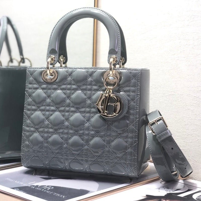 Dior Medium Lady 24cm Grey Patent Quilted Bag