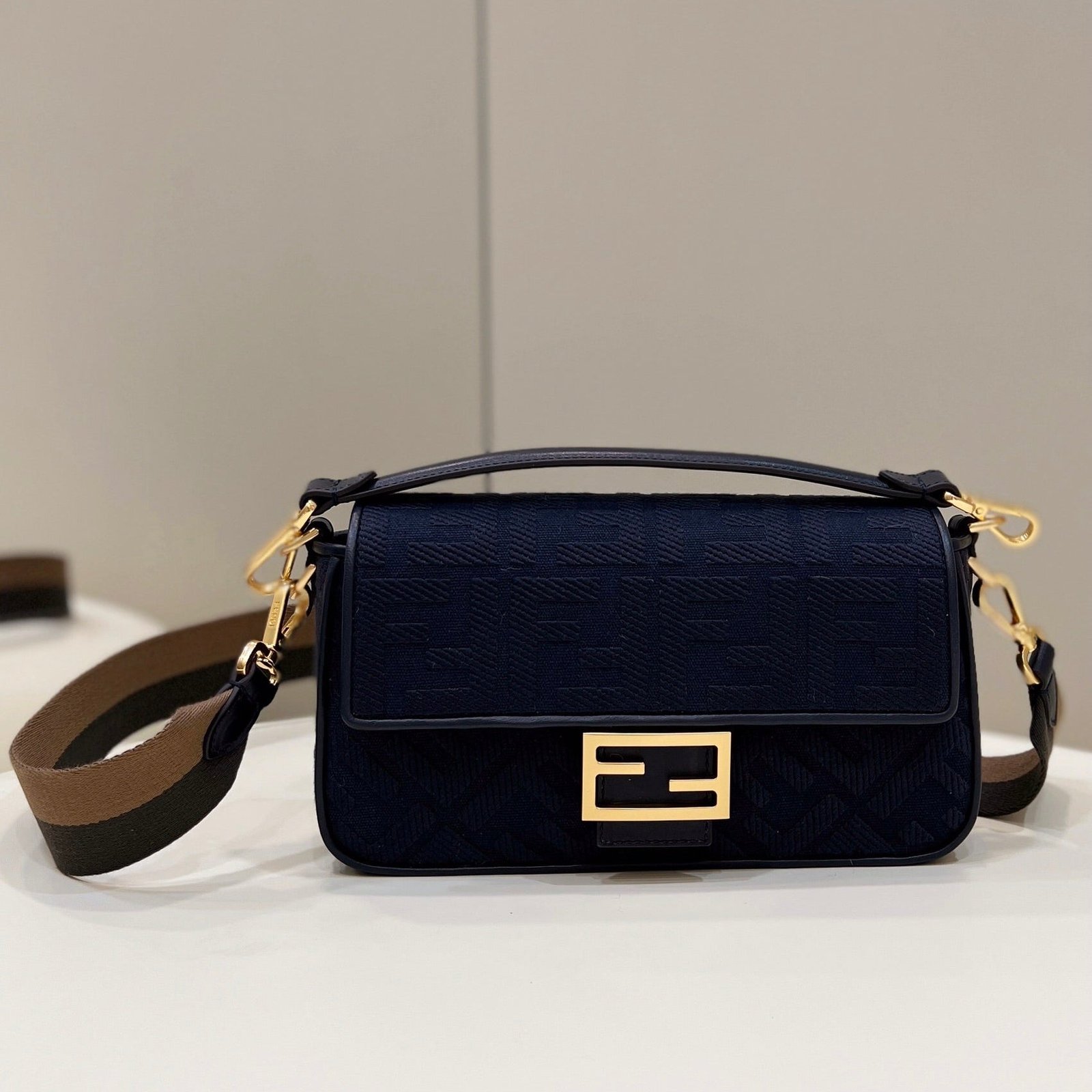 Fendi Baguette 27 Navy Blue Jacquard Fabric Gold