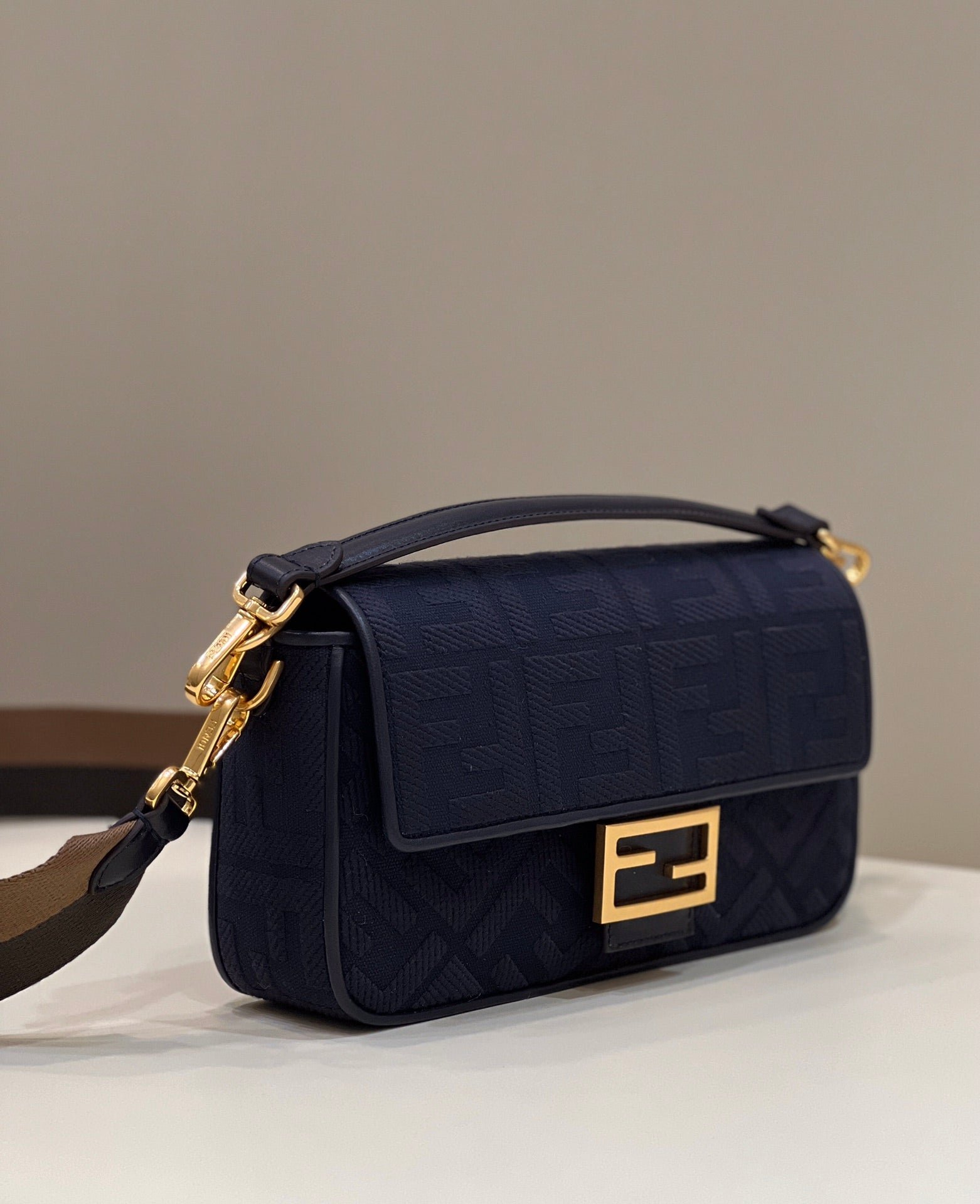 Alternative view of Fendi Baguette 27 Navy Blue Jacquard Fabric Gold