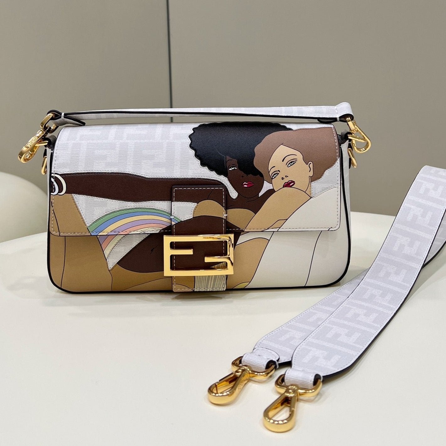 Fendi 27 Baguette White Calfskin Printed