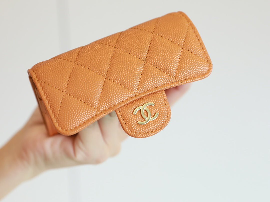 Alternative view of CC FLAP CARD HOLDER 11.3 ORANGE GRAINED CALFSKIN GOLD ICON