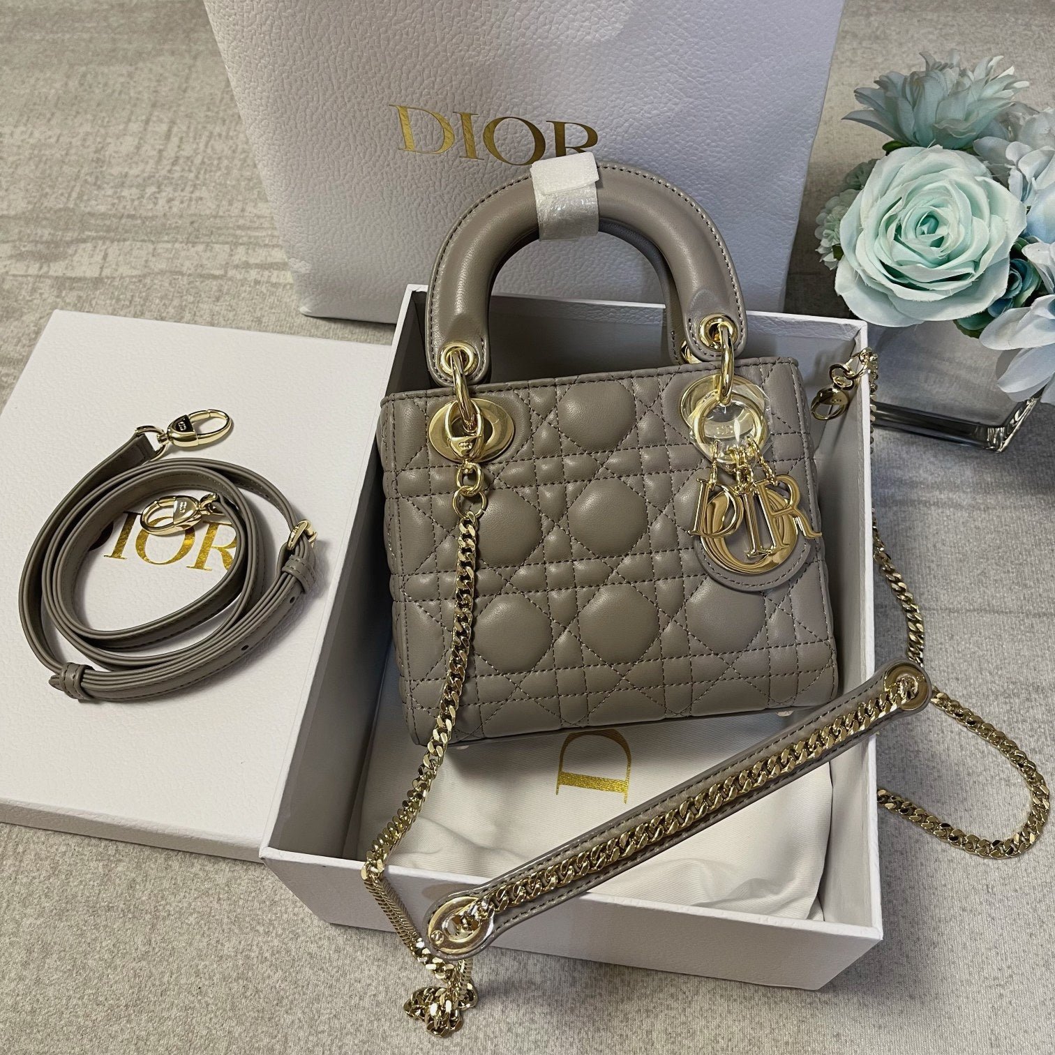 Dior Mini Lady Brown Grey Lambskin Quilted Handbag