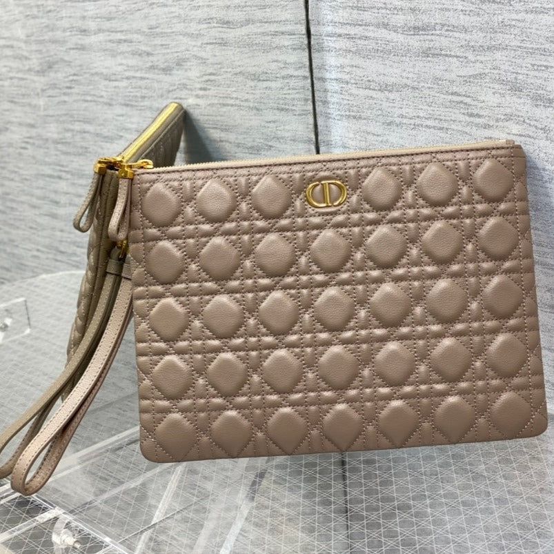 Dior Large Caro Daily Beige Calfskin Quilted Pouch