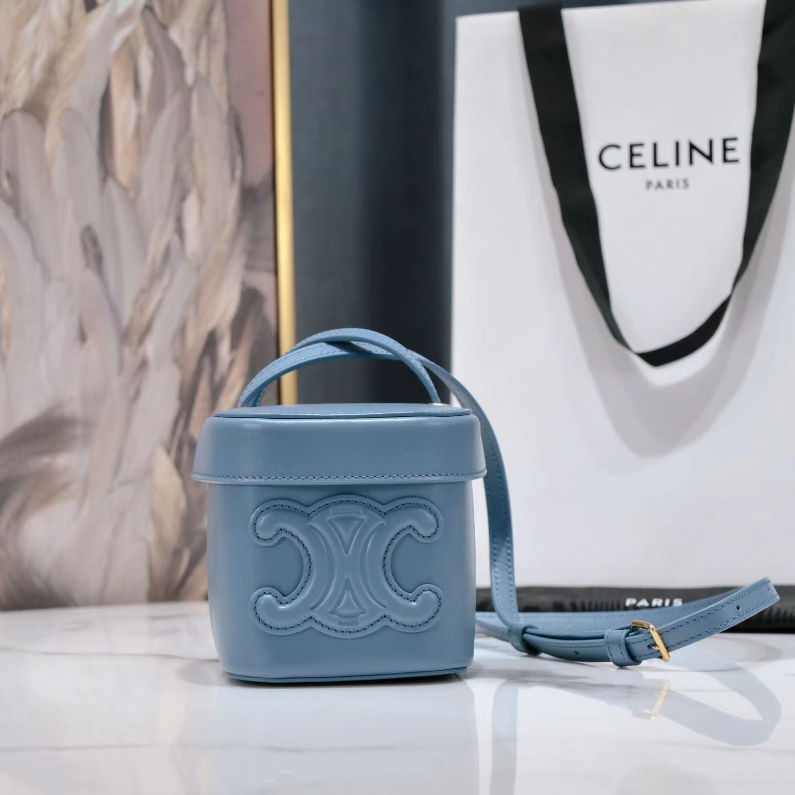 Celine Triomphe Square Azure Blue Calfskin