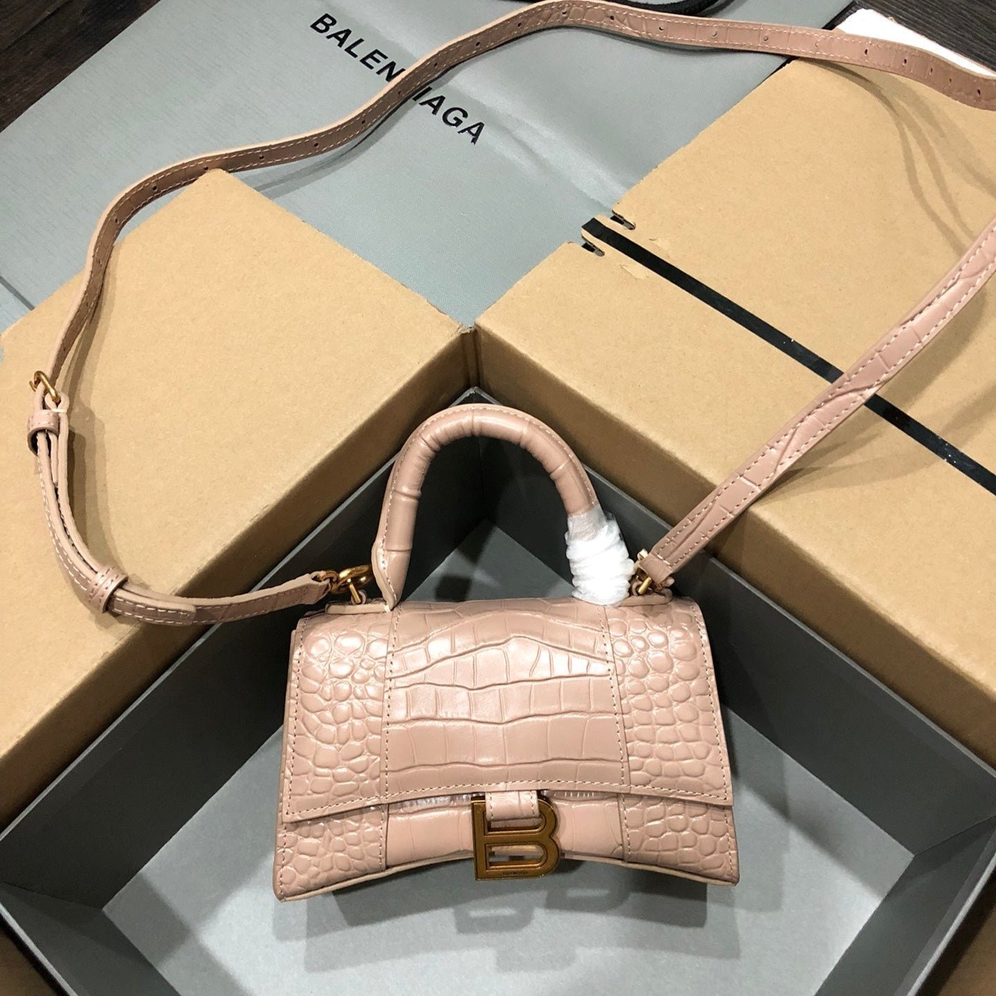Balenciaga Hourglass bag nude crocodile 21cm