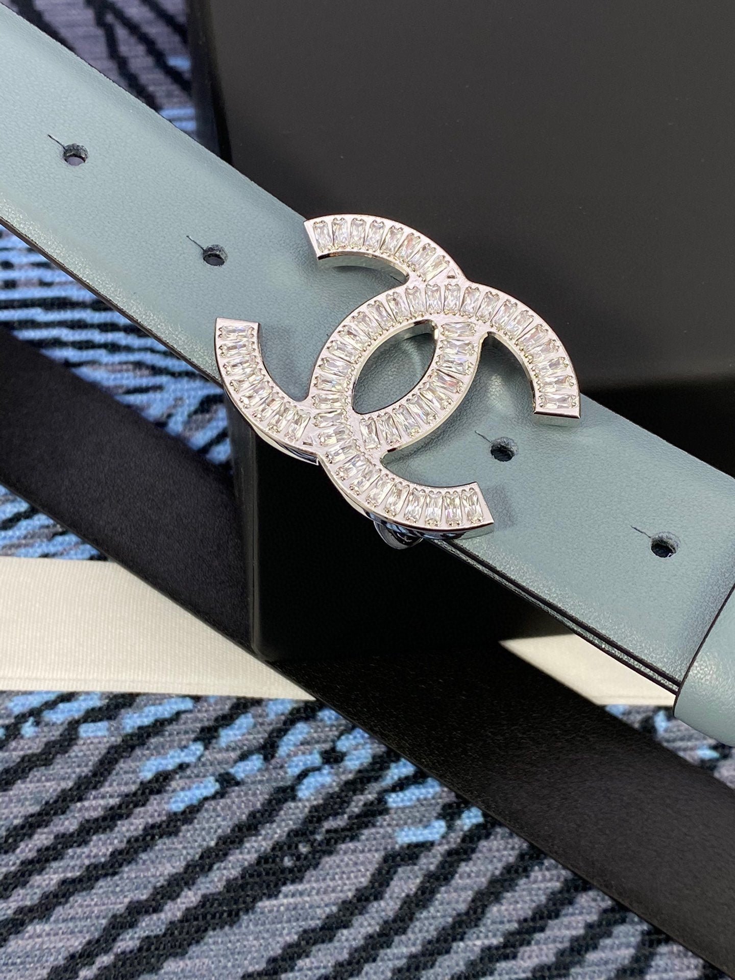 Chanel Blue Leather Crystal Belt - Image 3