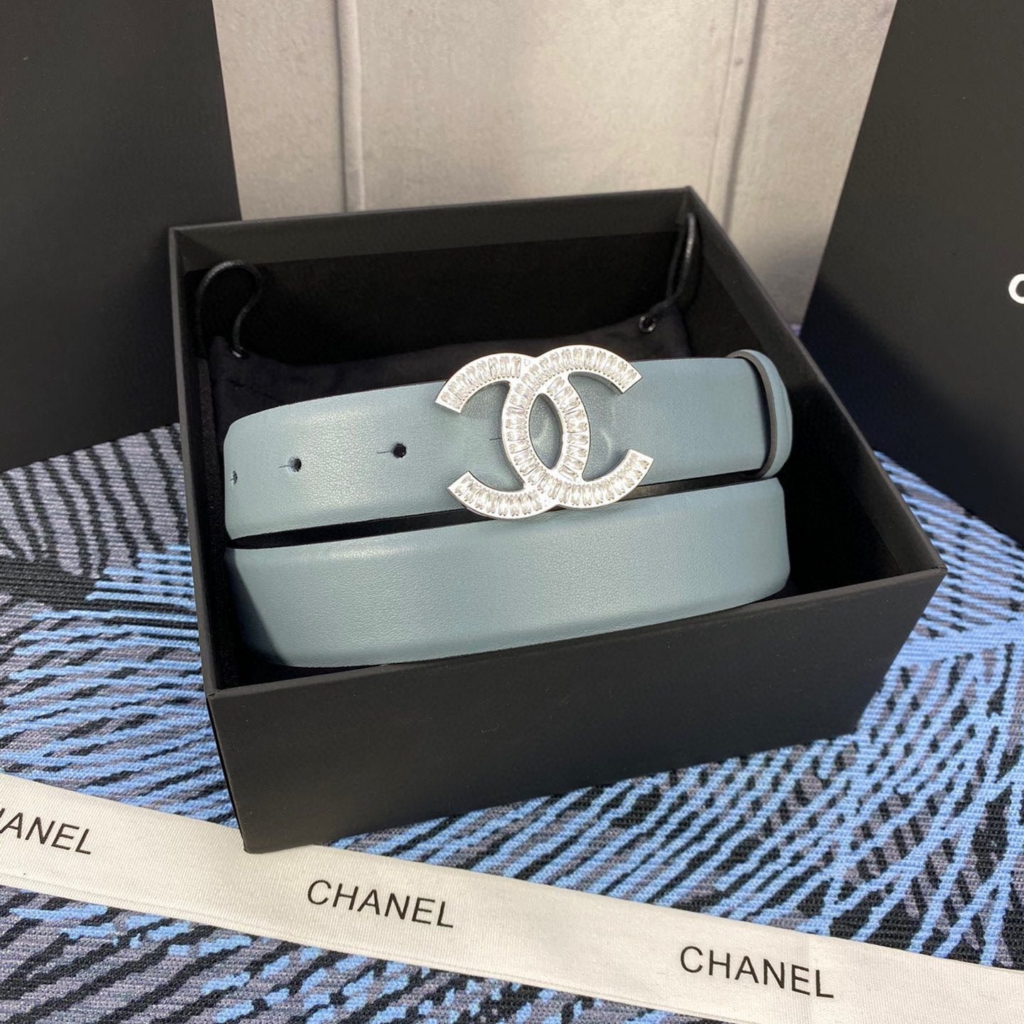 Chanel Blue Leather Crystal Belt