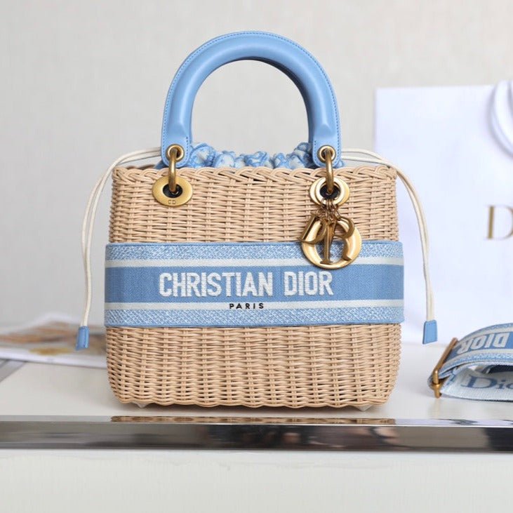 Dior Lady 24 Blue Jacquard Wicker Basket Tote Bag