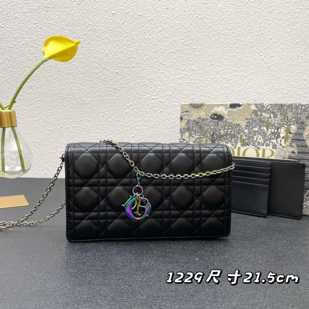 Dior Caro Slim 21 Black Calfskin Chain Wallet