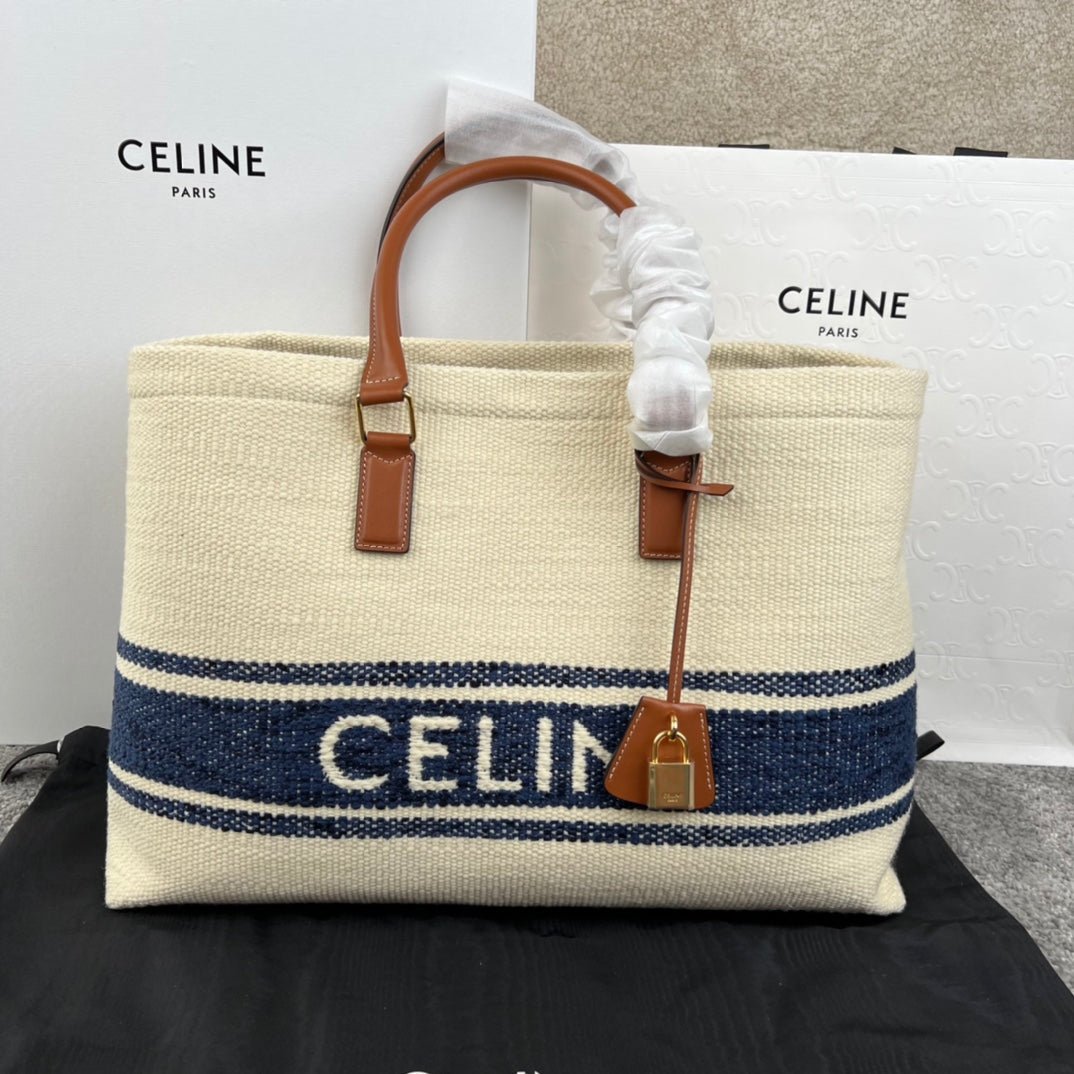 Celine Cabas 44 Navy Stripe Canvas Tote