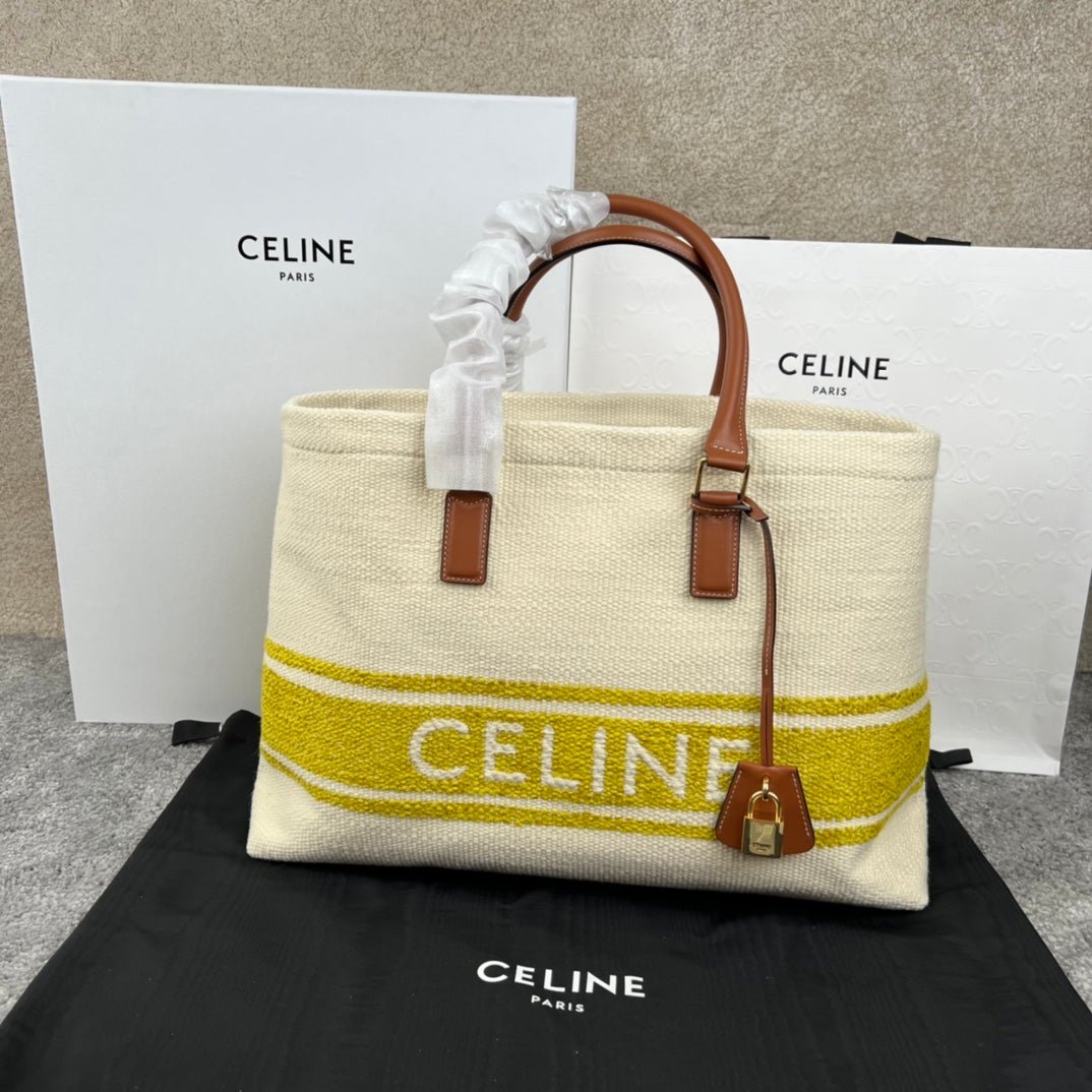 Celine Cabas 44 Yellow Stripe Canvas Tote