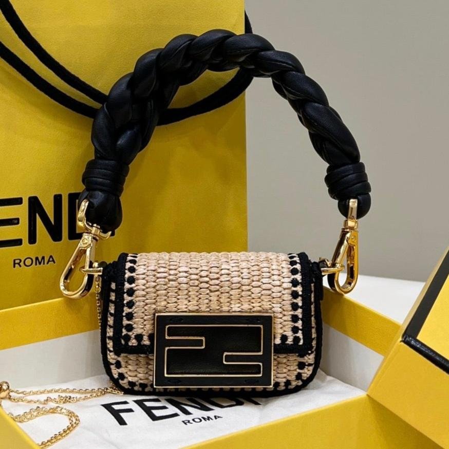 Fendi Nano Baguette 11 Beige Black Raffia Bag