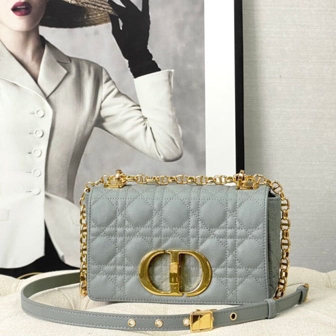 Dior Small Caro Stone Gray Calfskin Chain Handbag