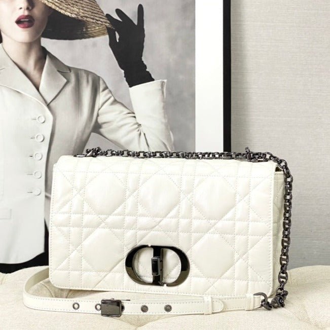 Dior Large Caro White Calfskin Black Hardware Bag