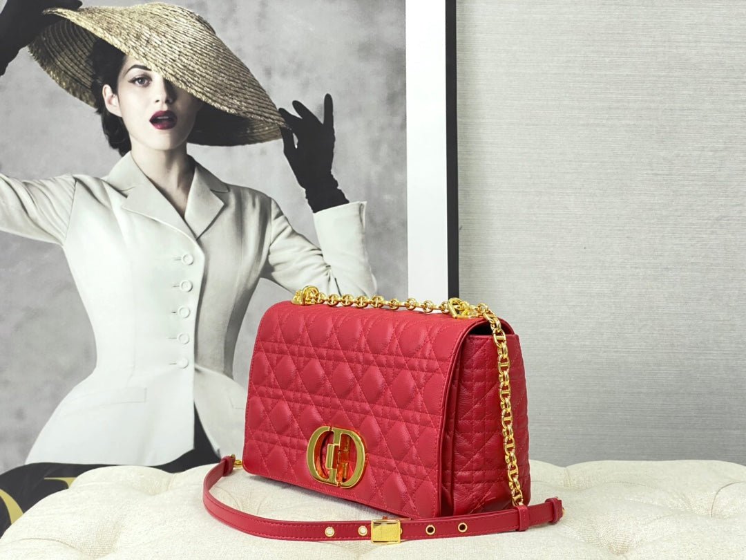Dior Large Caro 28 Red Calfskin Gold Flap Handbag - Image 4