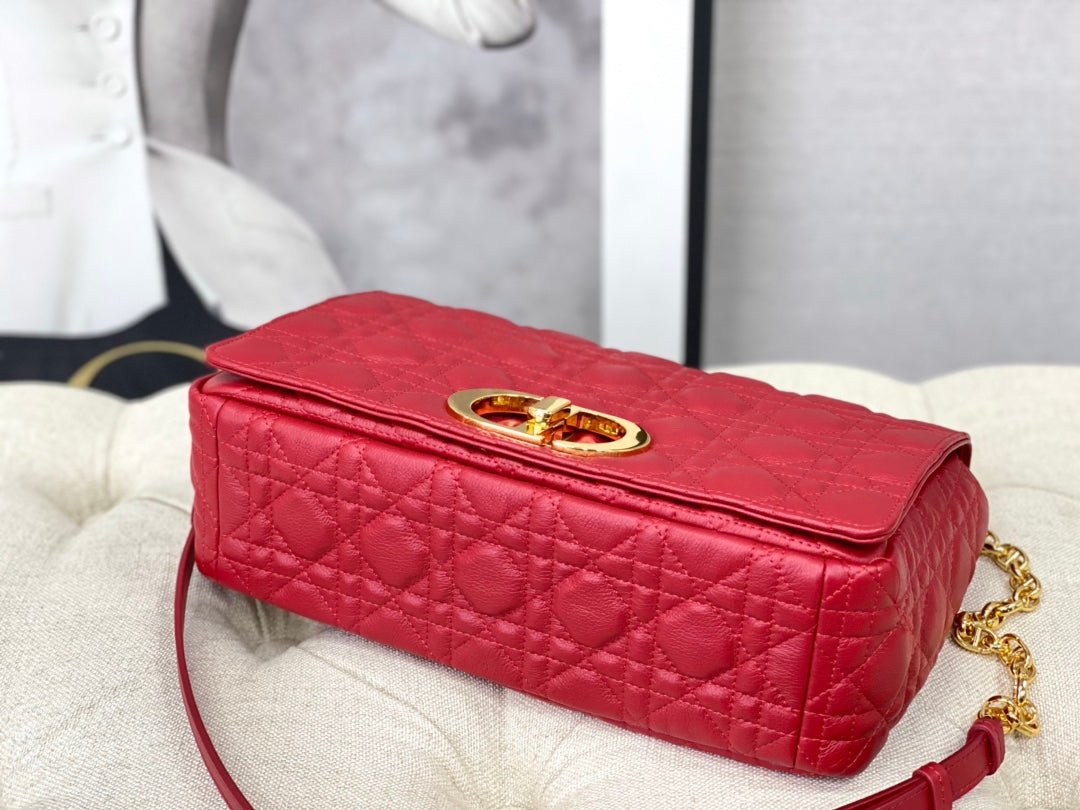 Dior Large Caro 28 Red Calfskin Gold Flap Handbag - Image 8