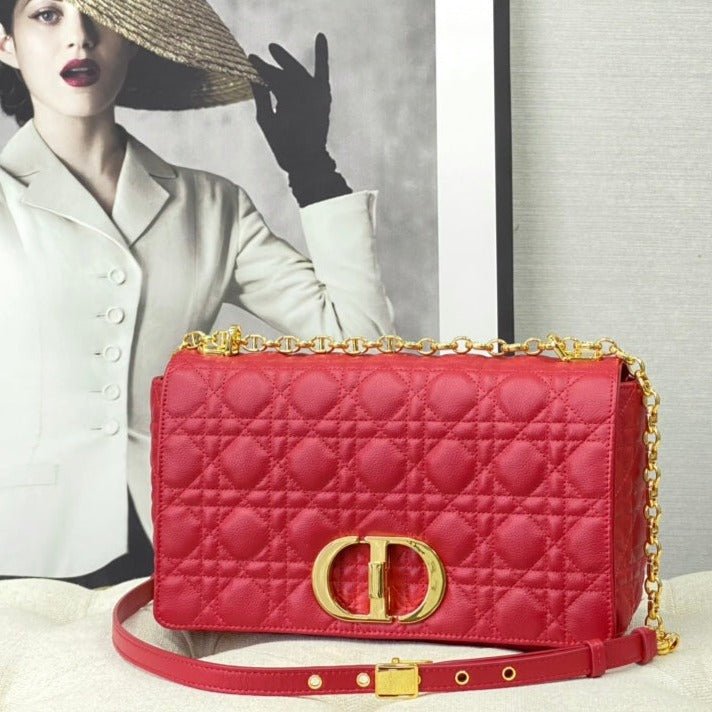 Dior Large Caro 28 Red Calfskin Gold Flap Handbag