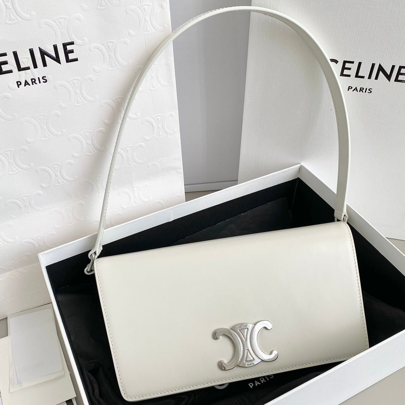 Celine Triomphe White Calfskin Shoulder Bag