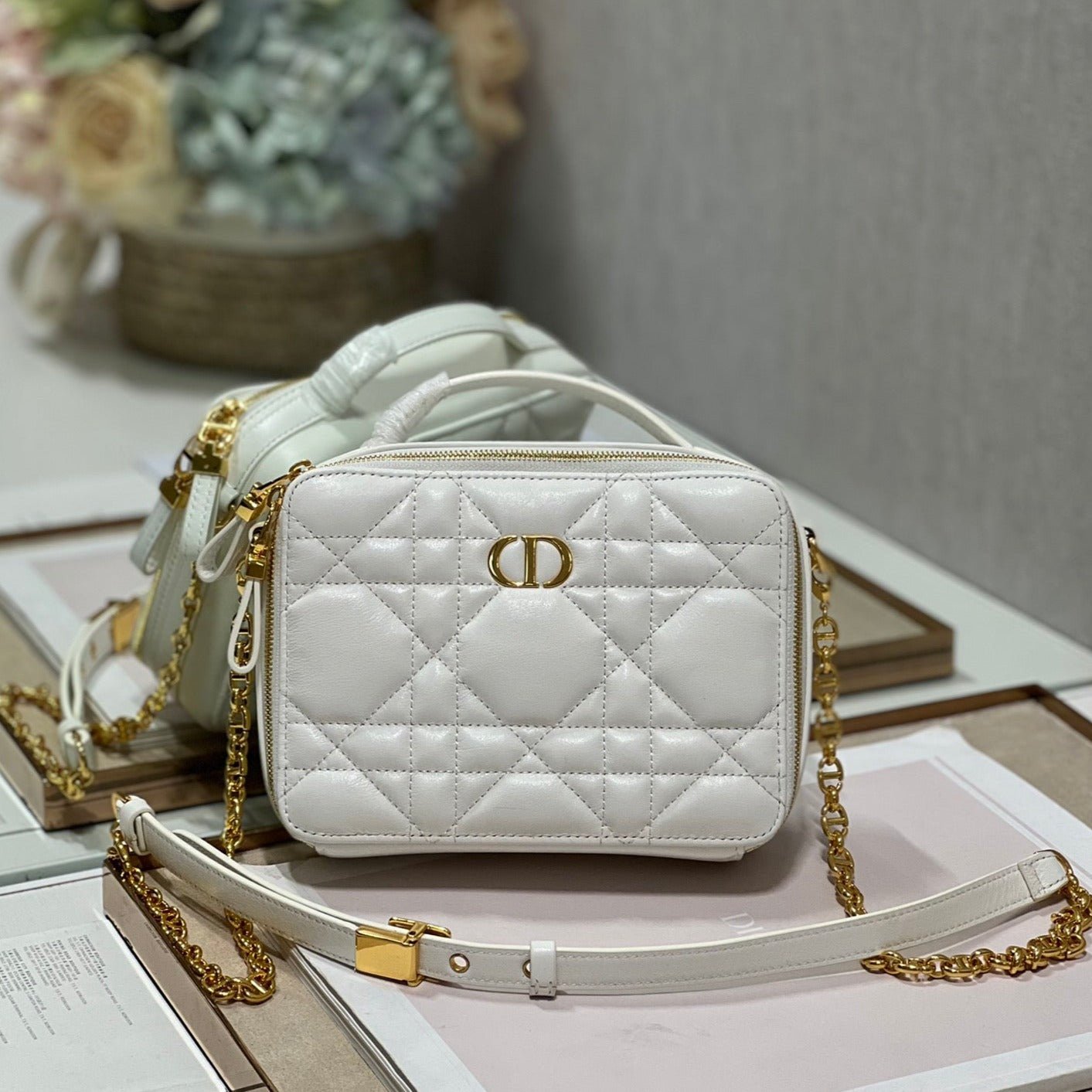 Dior Caro Box White Calfskin Cannage Vanity Bag