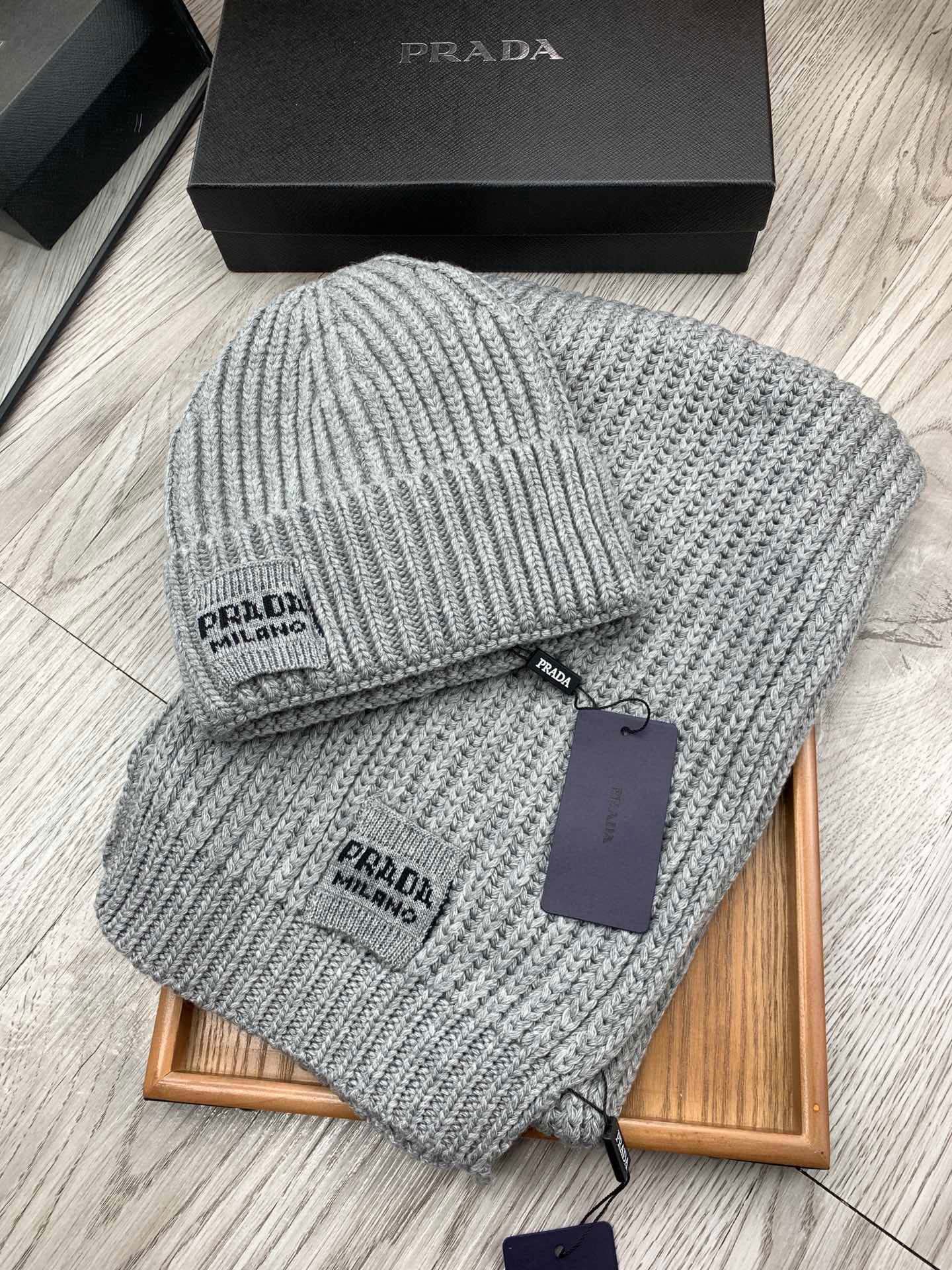 Prada Style Grey Rib Knit Hat Scarf Set - Image 8