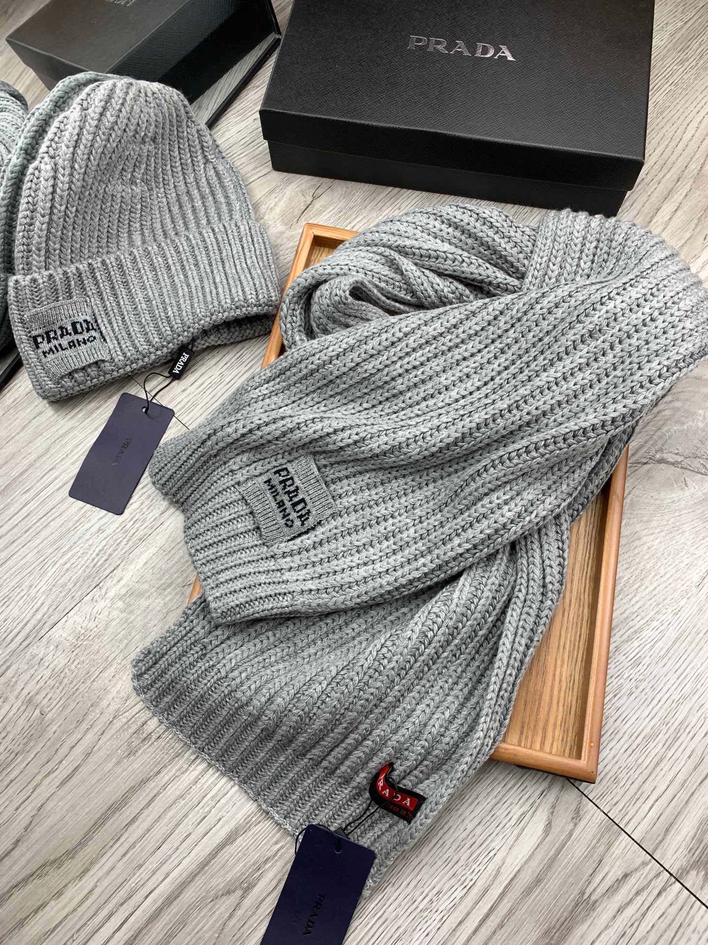 Prada Style Grey Rib Knit Hat Scarf Set - Image 6