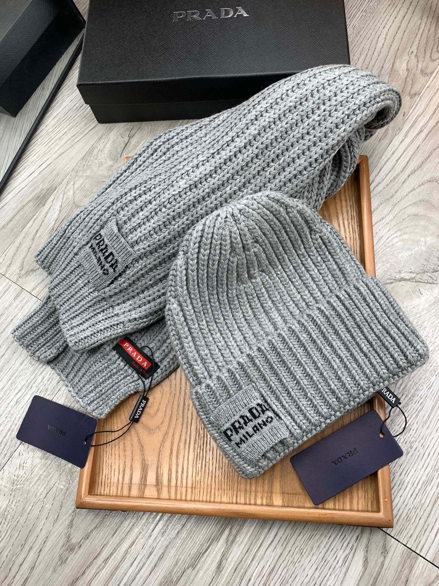 Prada Style Grey Rib Knit Hat Scarf Set - Image 5