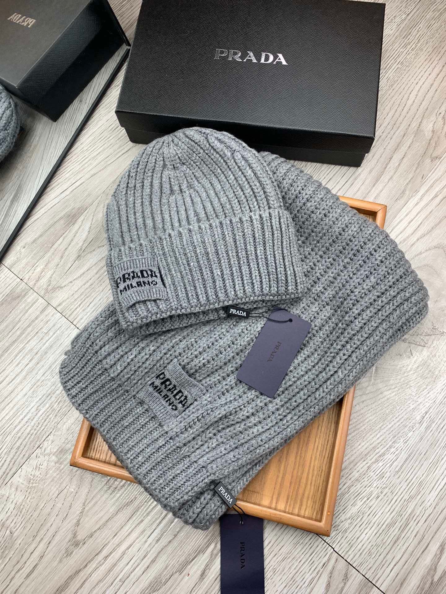 Prada Style Grey Rib Knit Hat Scarf - Image 6