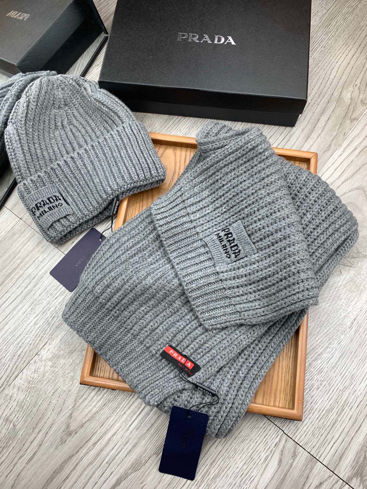 Prada Style Grey Rib Knit Hat Scarf - Image 3