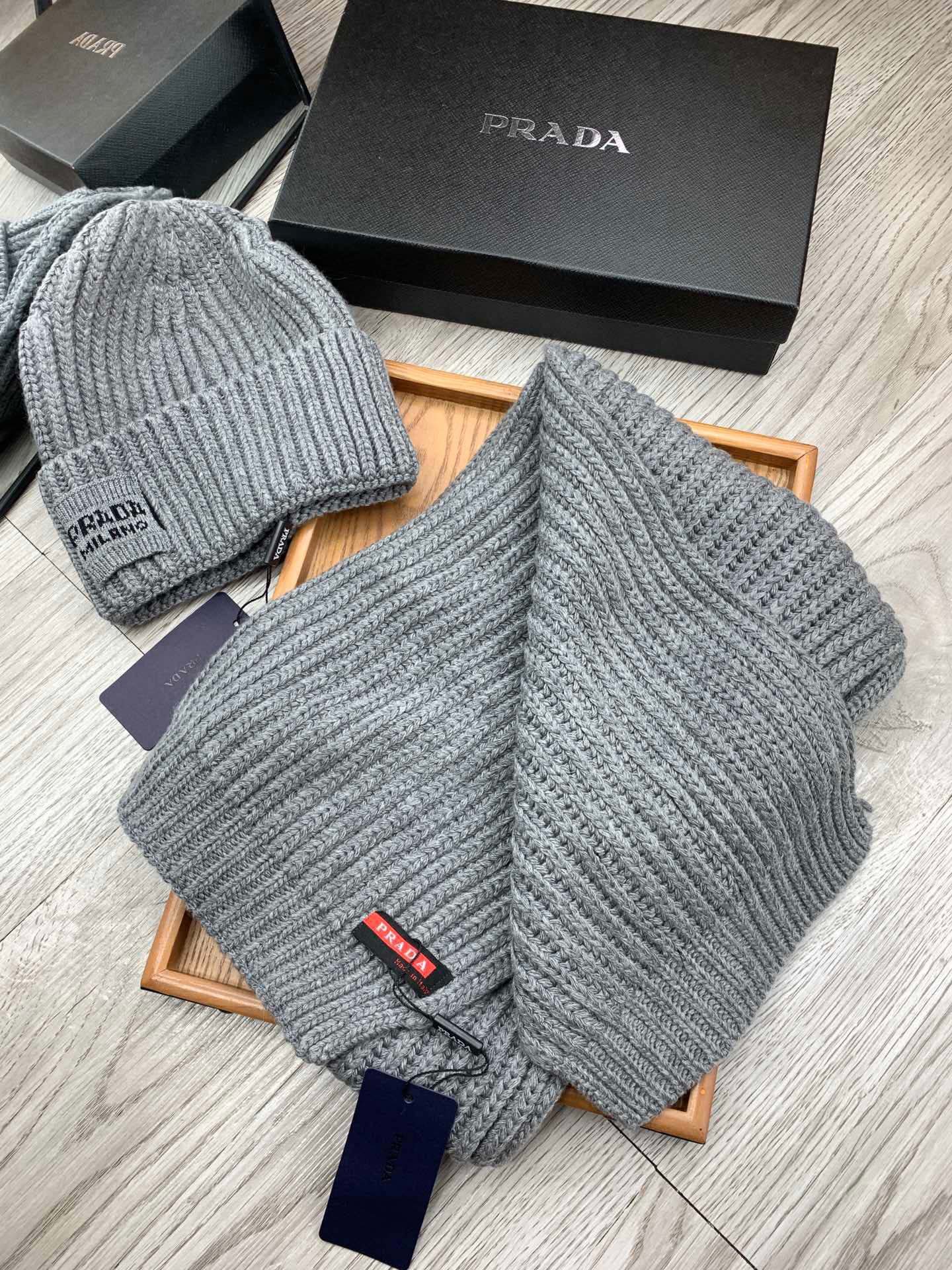 Prada Style Grey Rib Knit Hat Scarf - Image 7