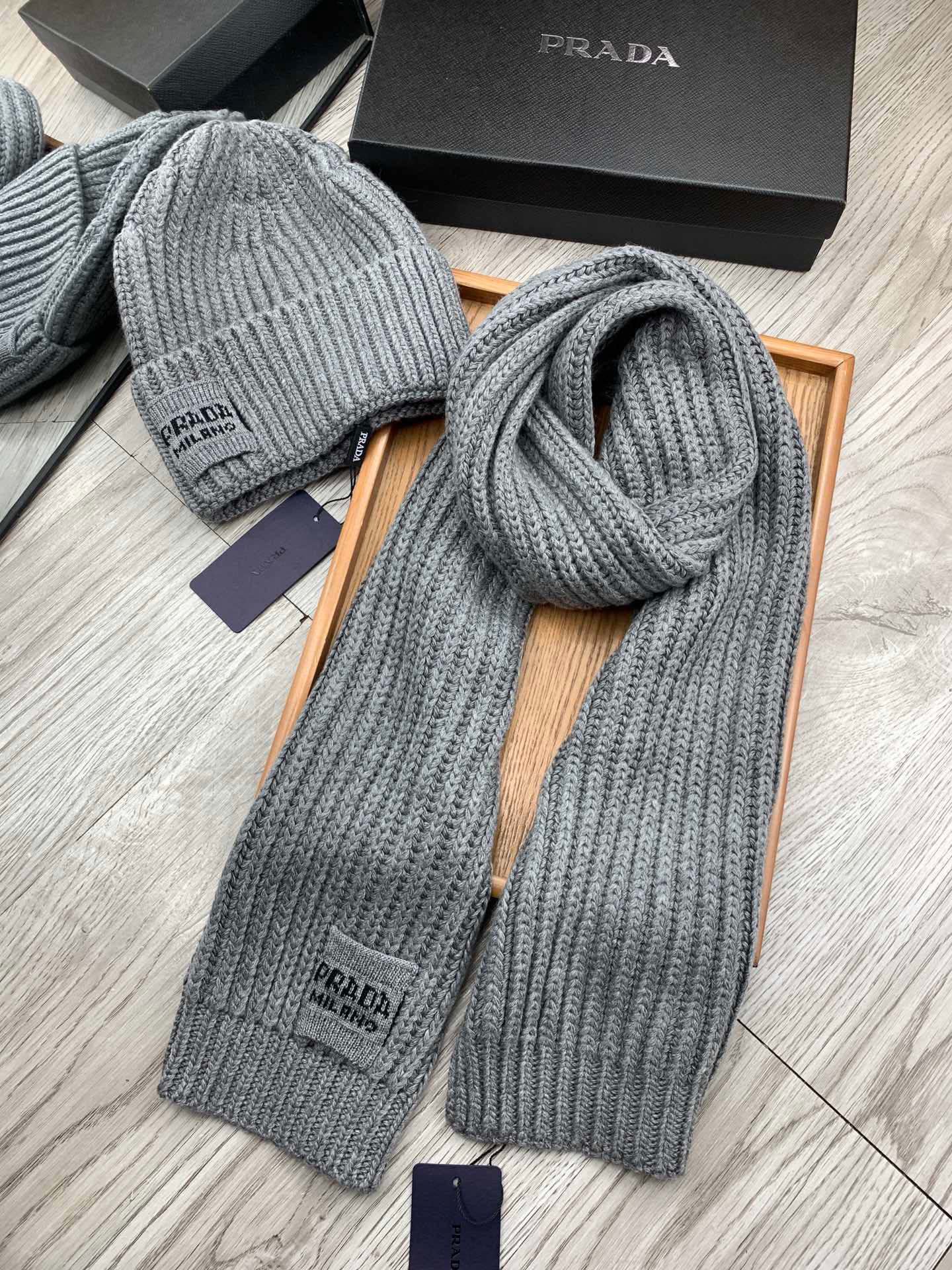 Prada Style Grey Rib Knit Hat Scarf