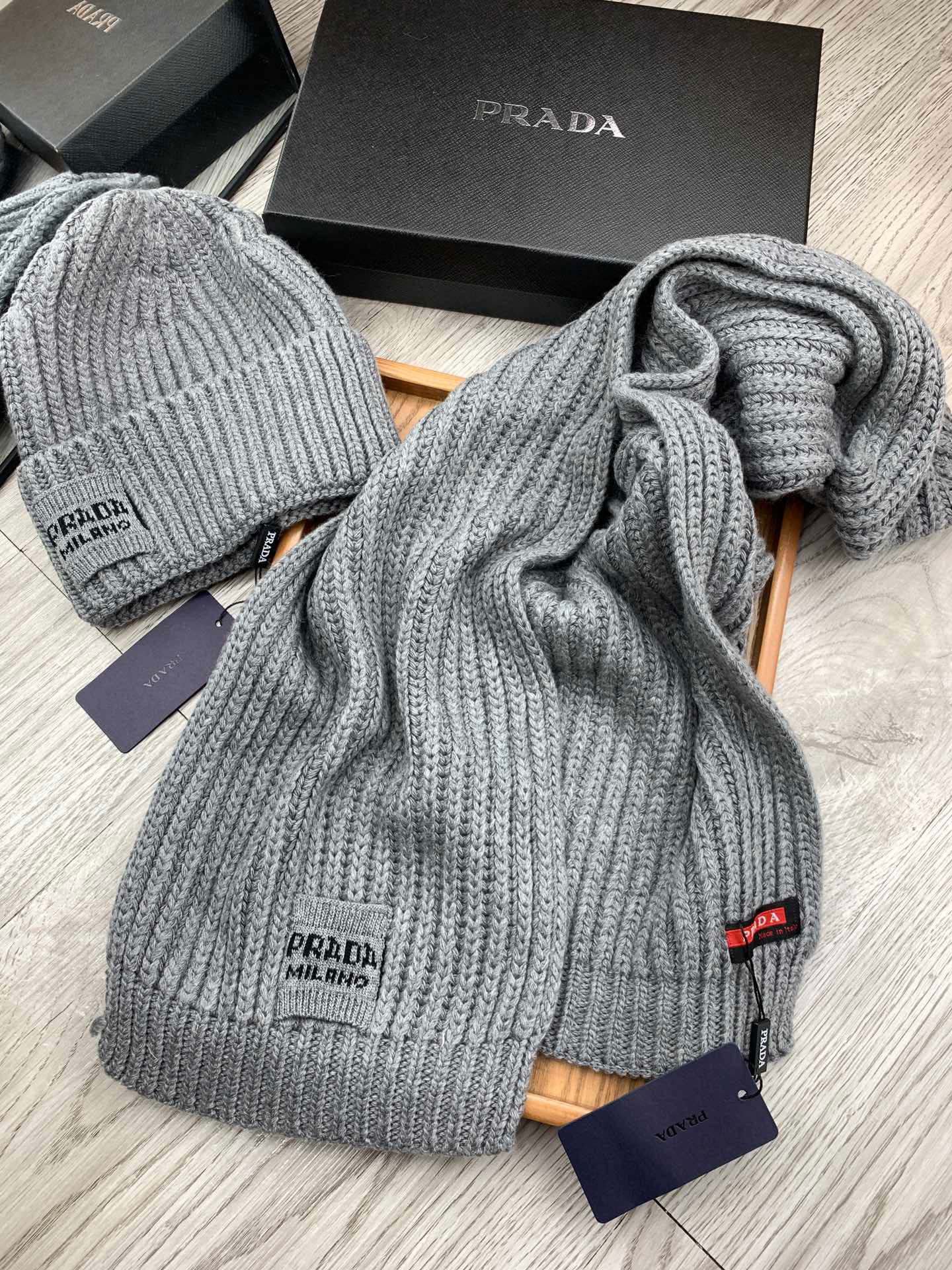 Prada Style Grey Rib Knit Hat Scarf - Image 4