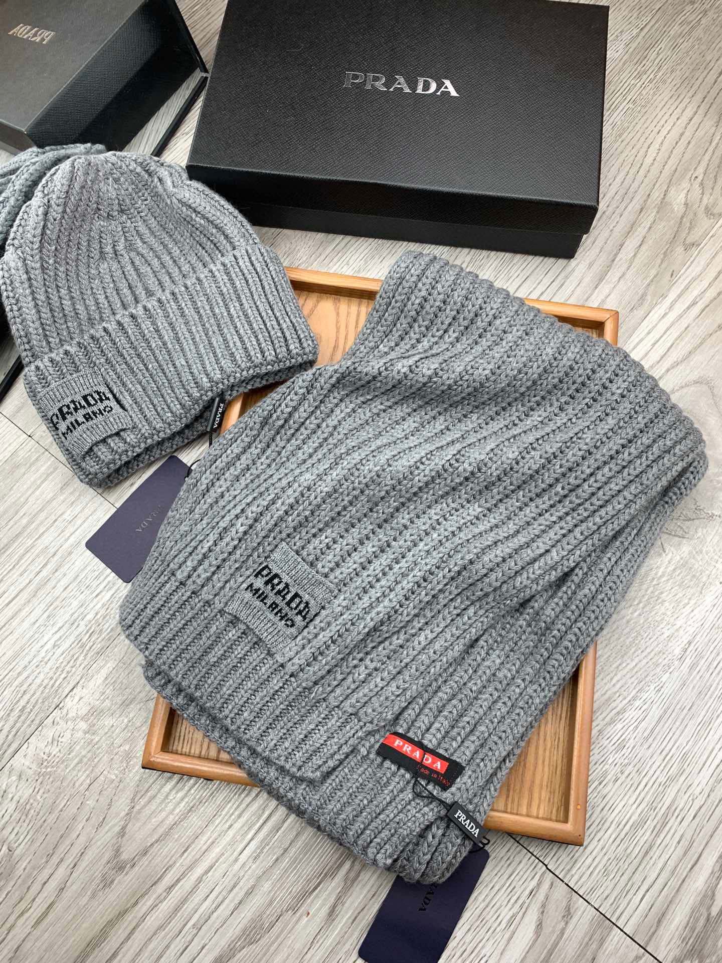 Prada Style Grey Rib Knit Hat Scarf - Image 5