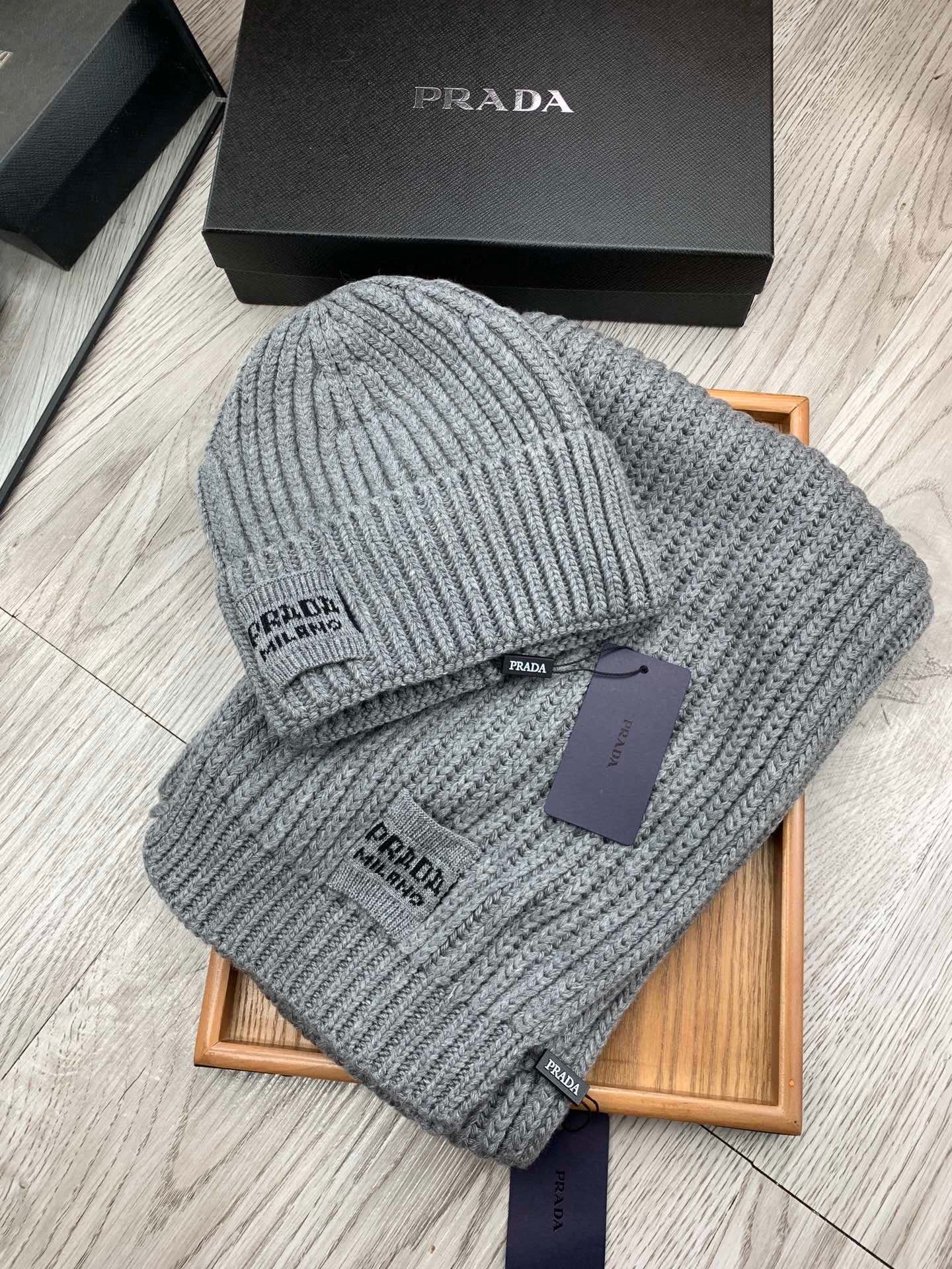 Prada Style Grey Rib Knit Hat Scarf - Image 9