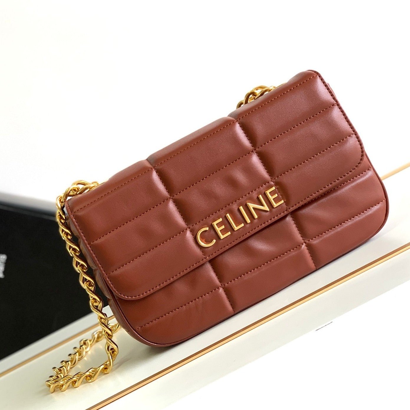 Celine Quilted Red Lambskin Chain Bag