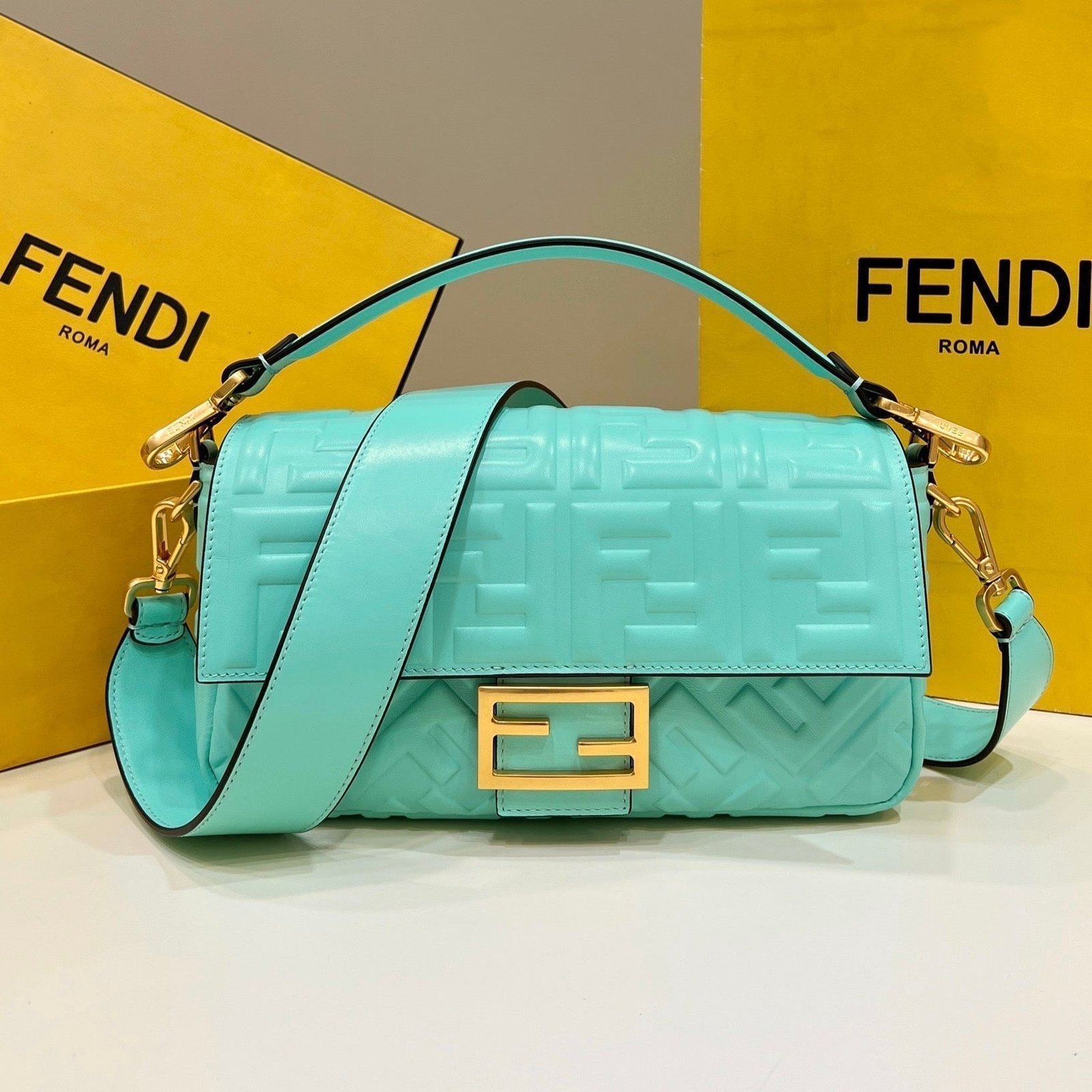 Fendi Baguette 27 Turquoise Soft Lambskin Gold