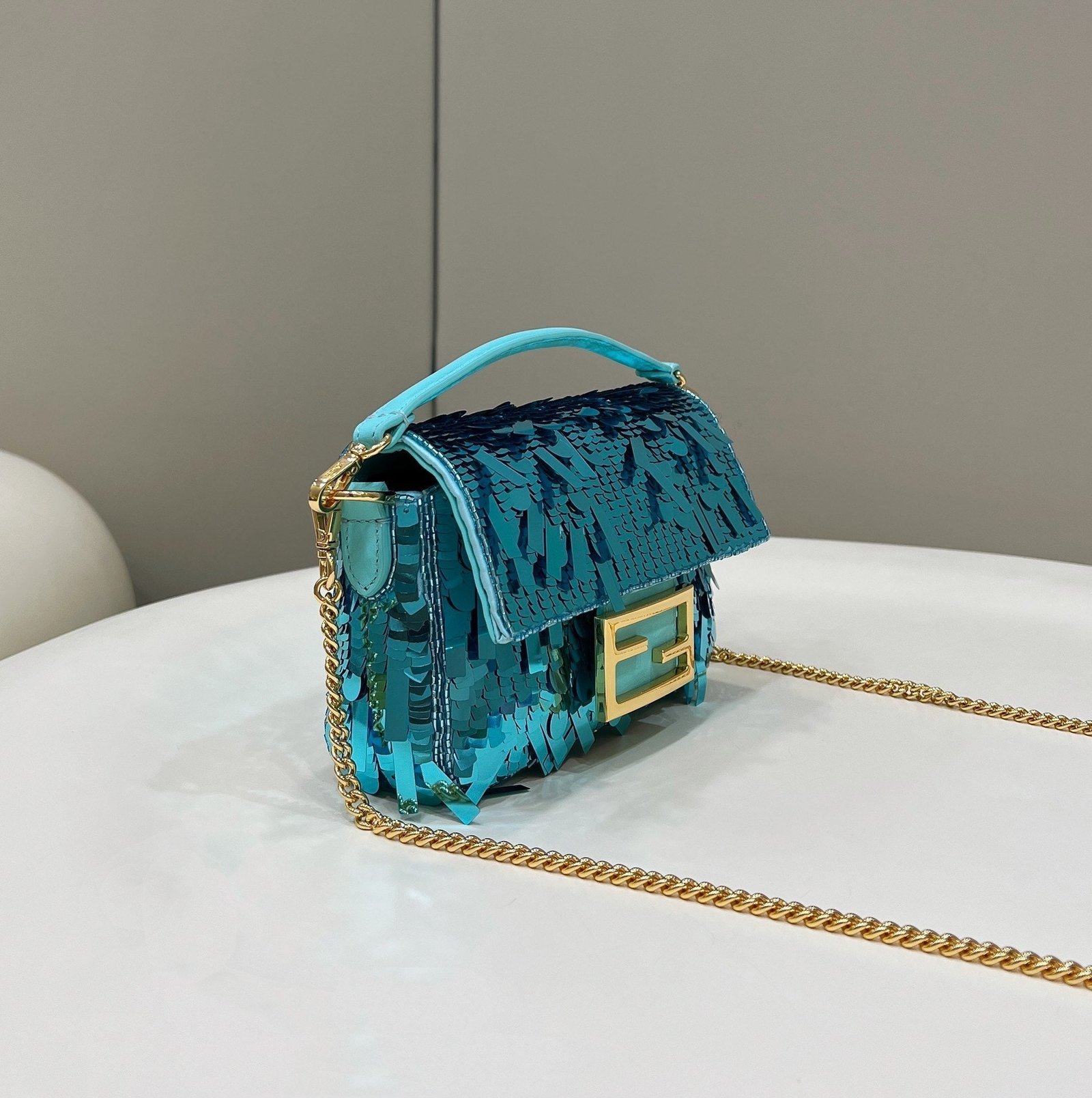 Fendi Baguette Mini 19 Bright Turquoise Sequins - Image 3