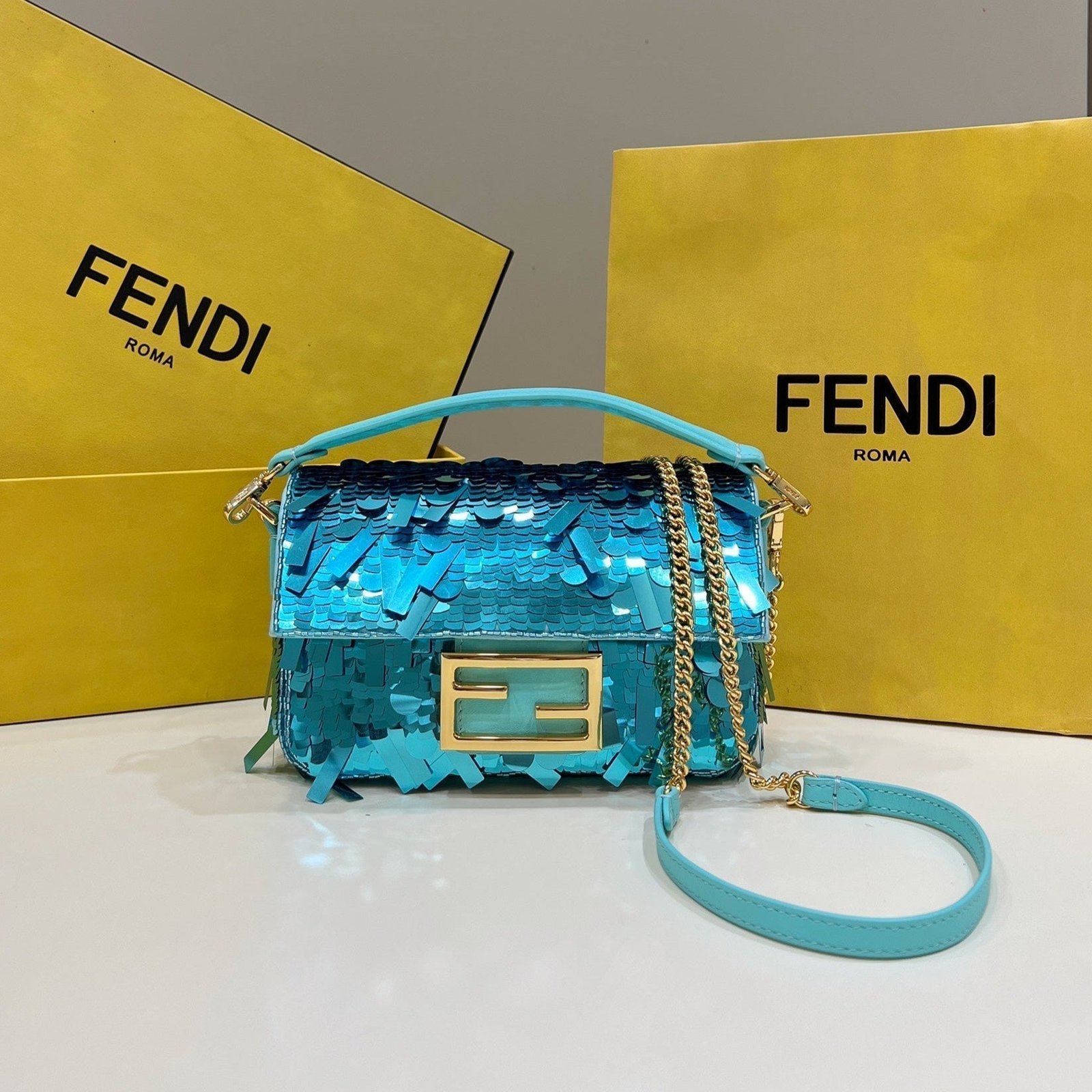 Fendi Baguette Mini 19 Bright Turquoise Sequins