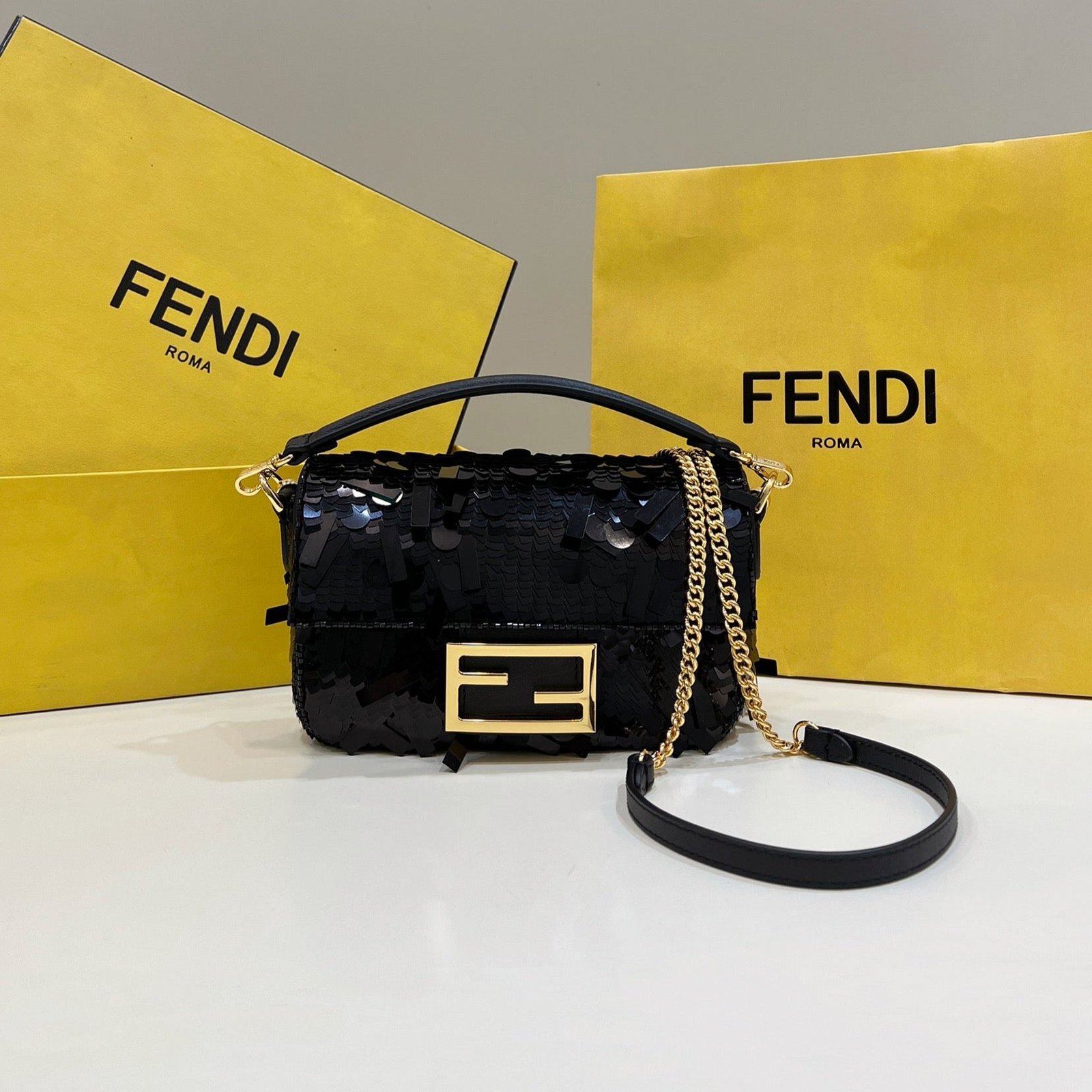 Fendi Baguette Mini 19 Black Sequins Gold Hardware